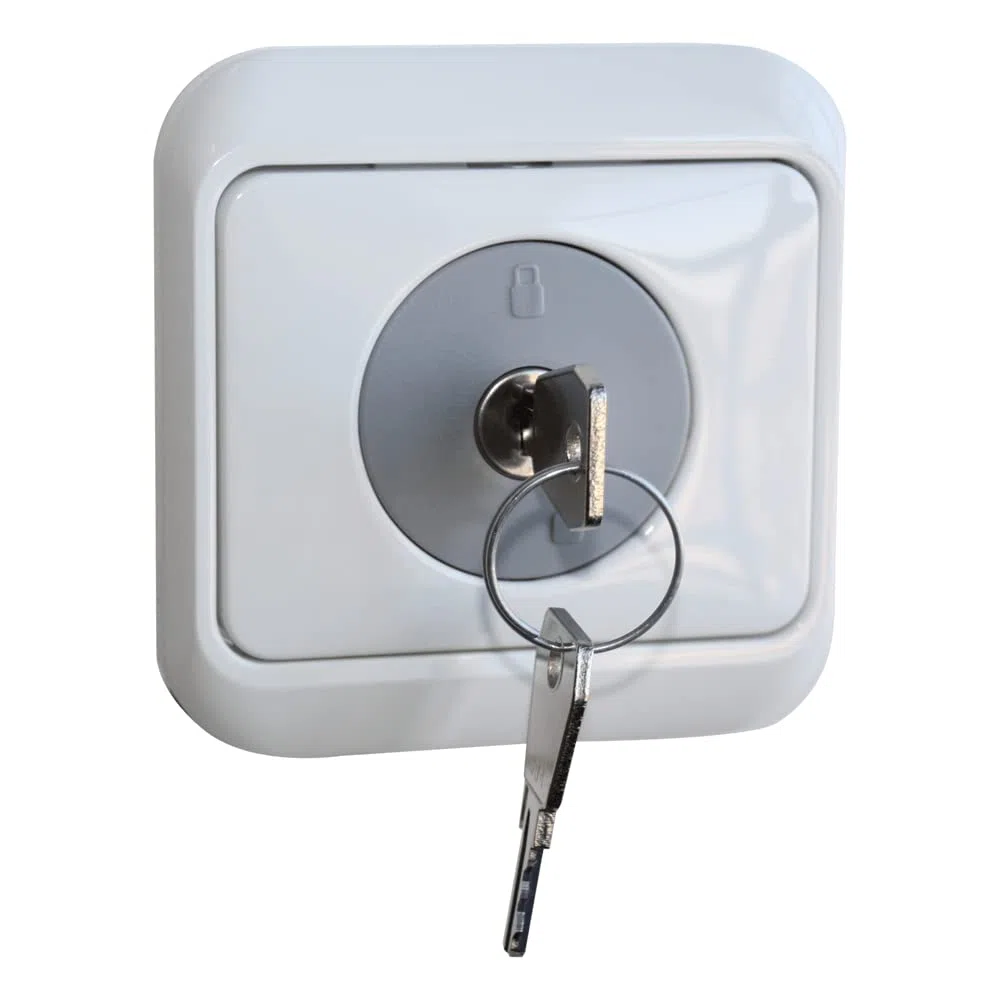FELGNER Serratura con protezione da contatto, presa di sicurezza per bambini e bambini, protezione dai furti di corrente, per prese con contatto di protezione (Schuko), 3 pezzi con 2 chiavi in grigio
