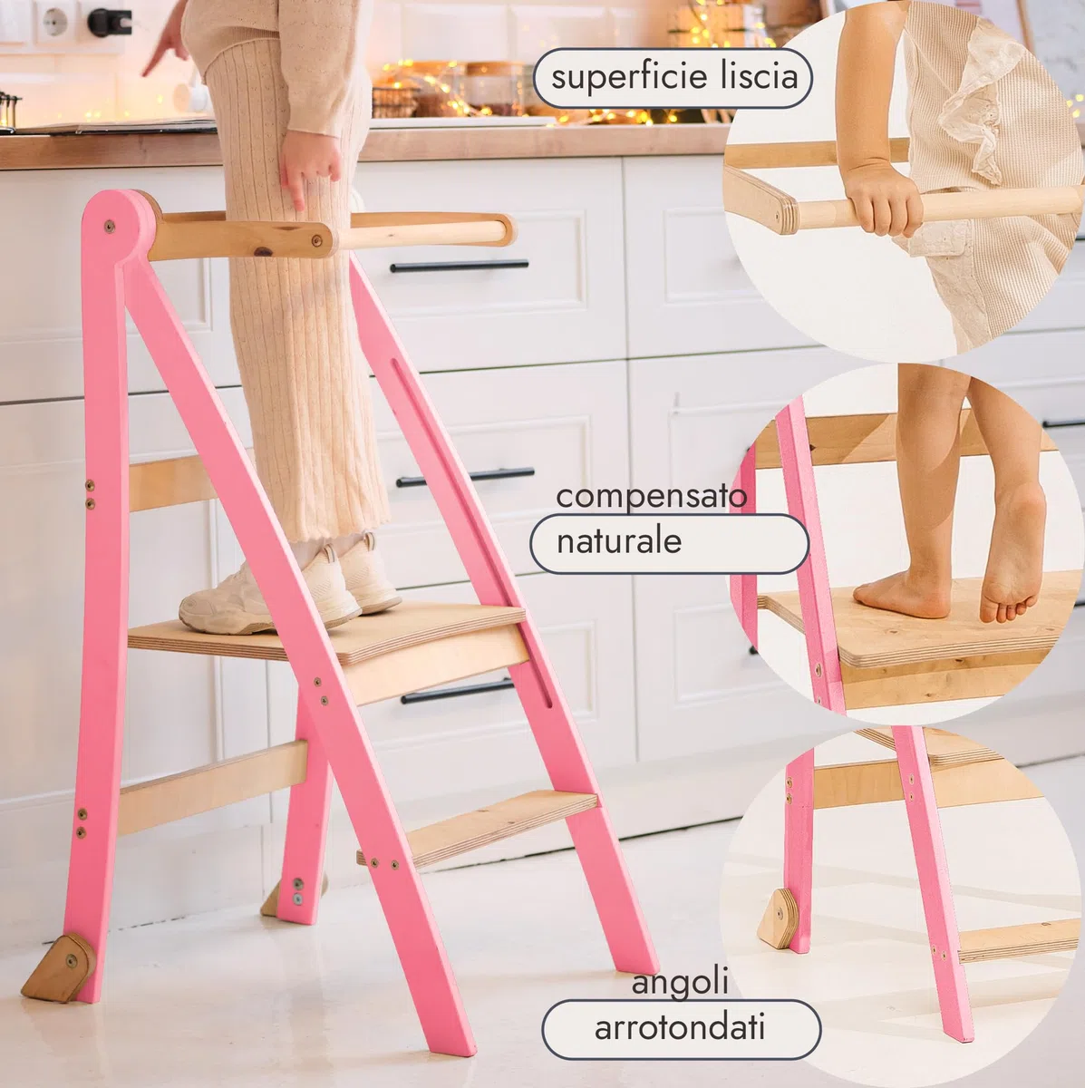 Goodevas Torre di apprendimento in legno Montessori salvaspazio : scala pieghevole in pelle, sgabello per bambini, scala pieghevole per bambini, scala di apprendimento con protezione antiribaltamento
