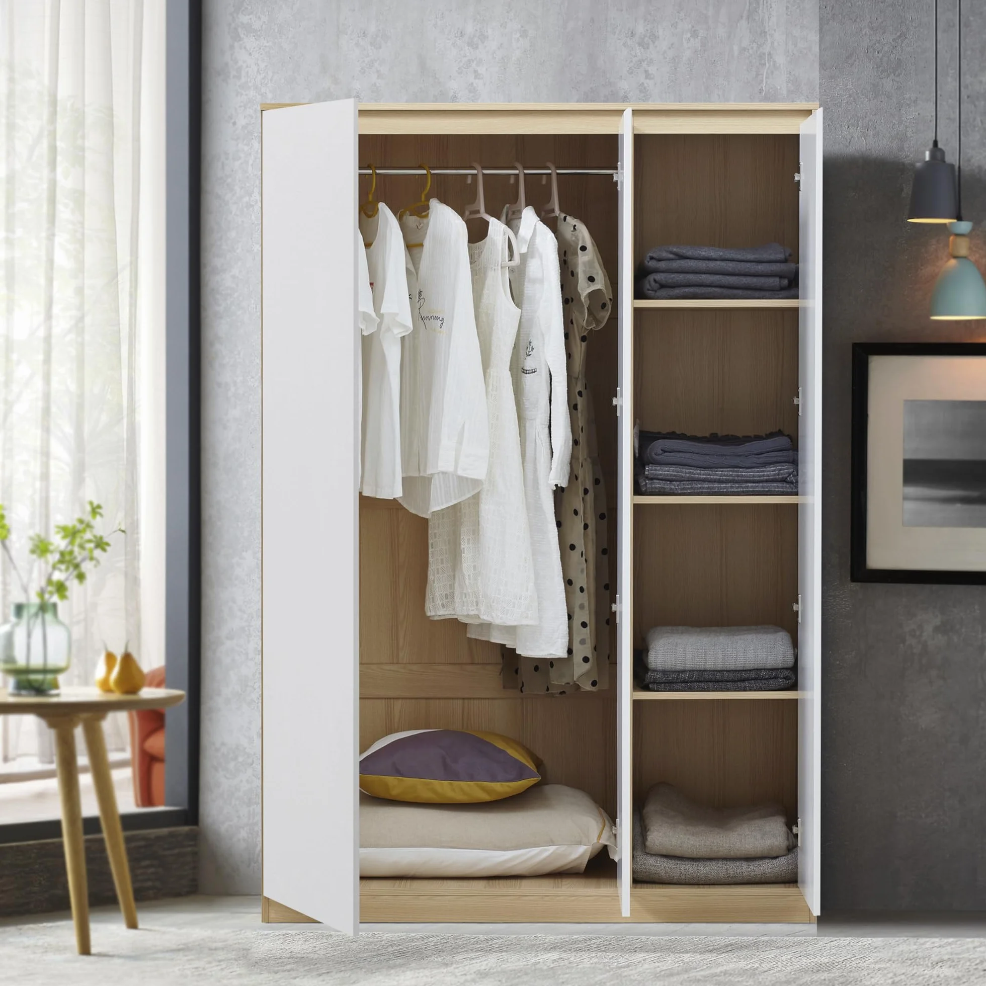 Armadio per Guardaroba con Ante Bianche 4 Scomparti 176 x 120 x 52 cm MDF Effetto Rovere