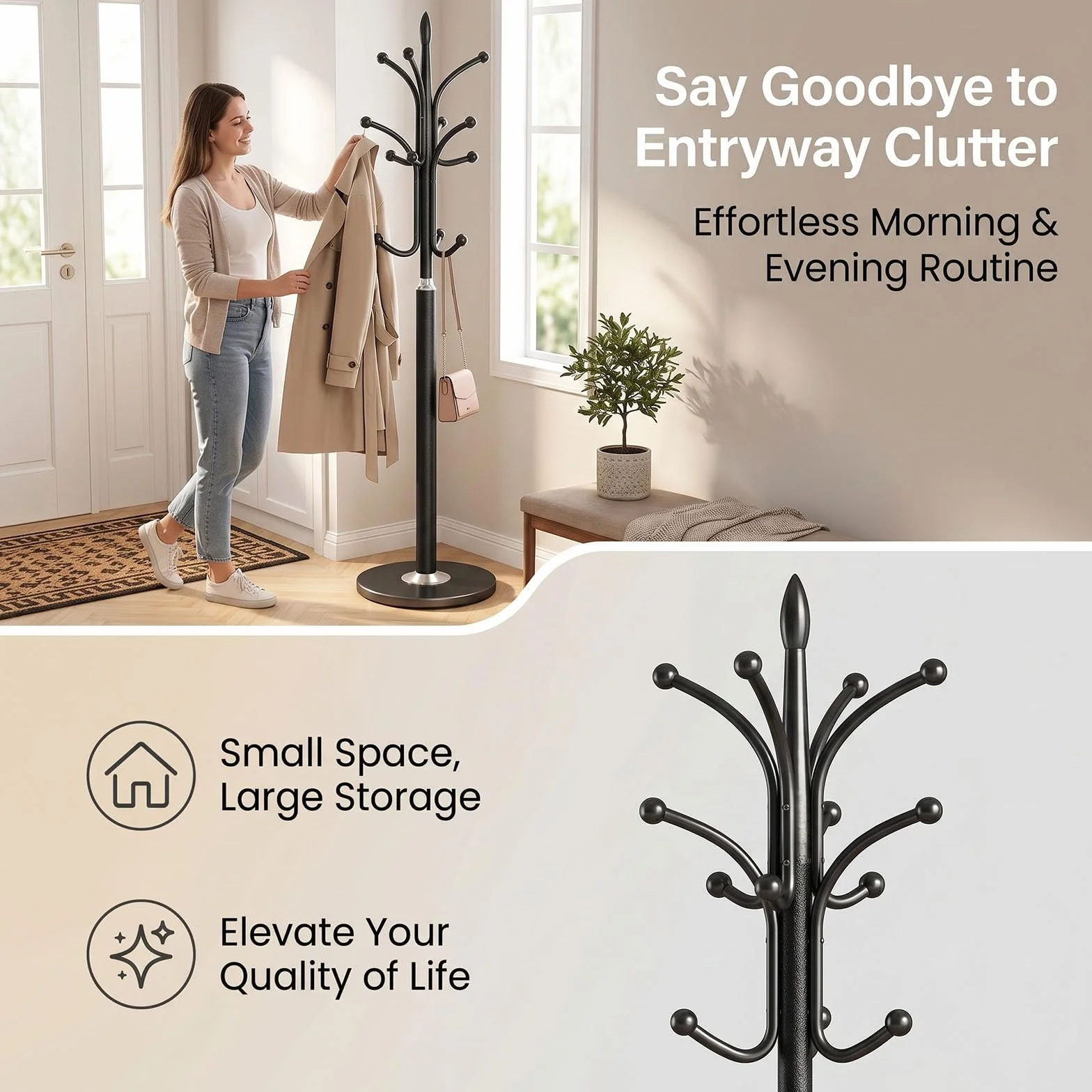 Appendiabiti da Terra Metallo Design Albero Base in Marmo 6 Ganci Stabile