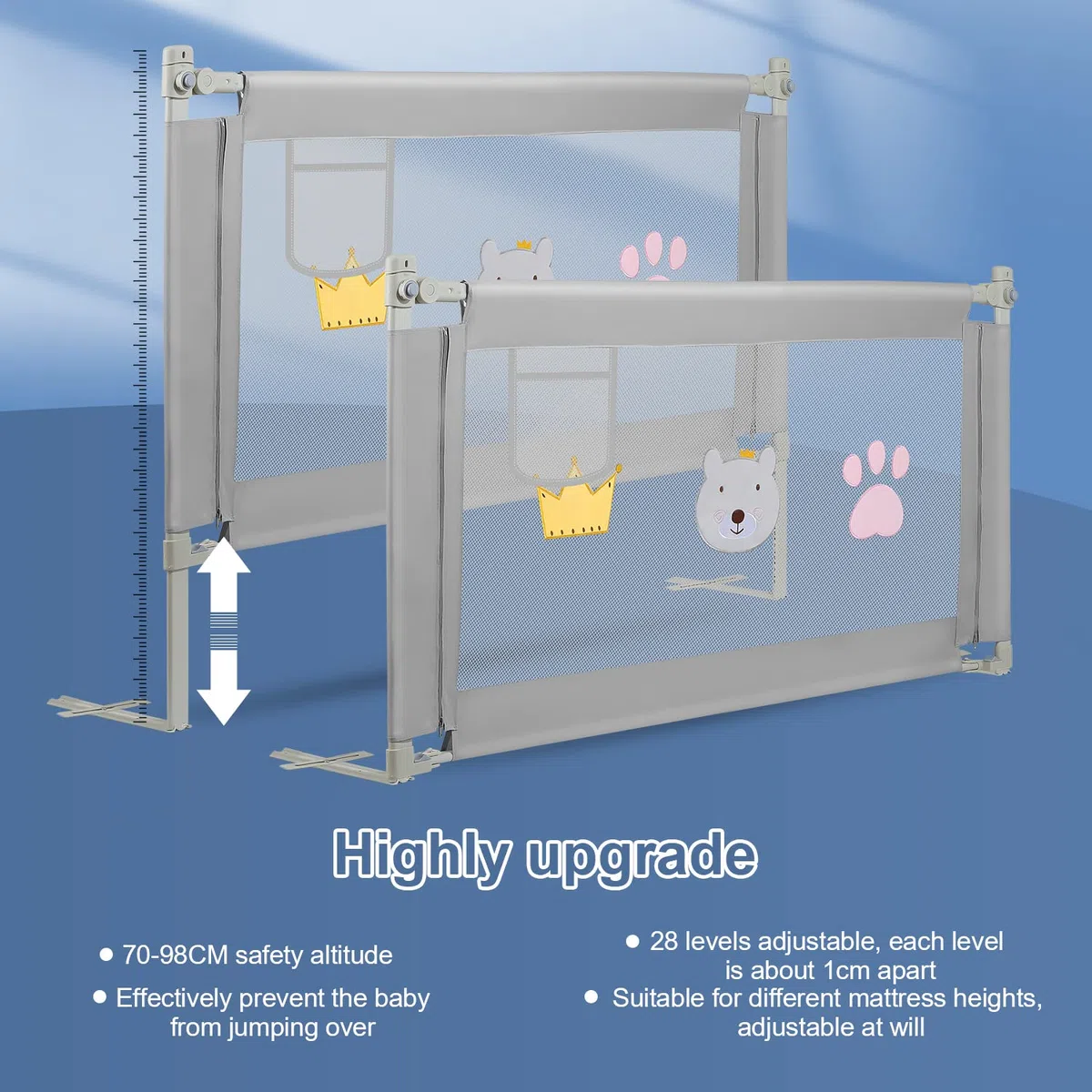 Barriera per letto 180 cm, Barriera pieghevole per letto per bambini, Protezione per letto per bambini per prevenire le cadute, Barriera per bambini piccoli, Facile da montare, Grigio ricamato