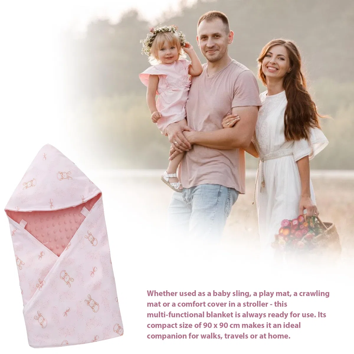 Coperta per Ovetto e Passeggino, Coperta Reversibile in Cotone, Coperta Universale Doppio Lato, per Passeggino, Buggy, Seggiolino Auto - Rosa, 90 x 90 cm