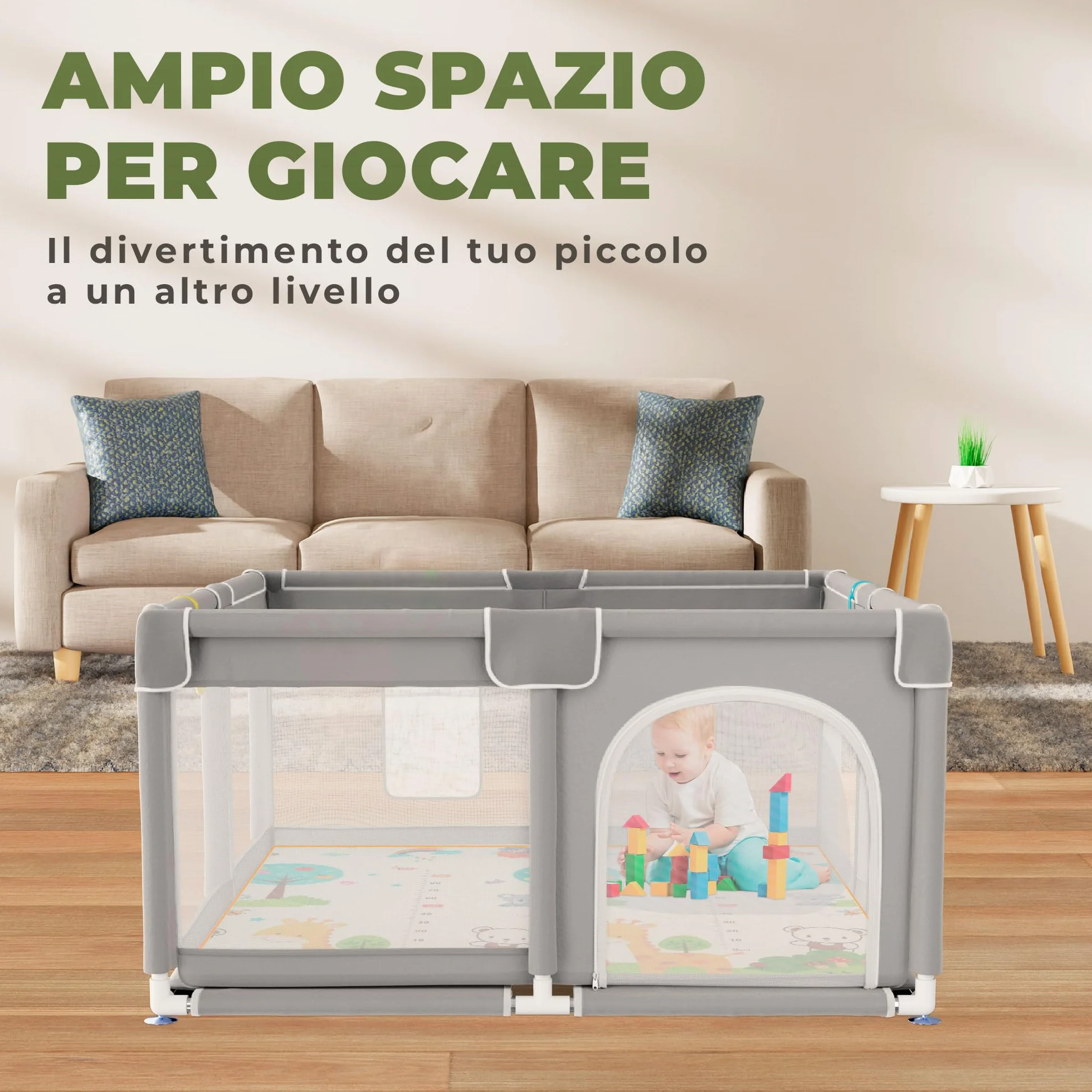 JUPPLIES Box Bambini 120×120 cm Recinto Gioco per Neonato 6-24 Mesi Rete Traspirante 360° Grigio con materassino