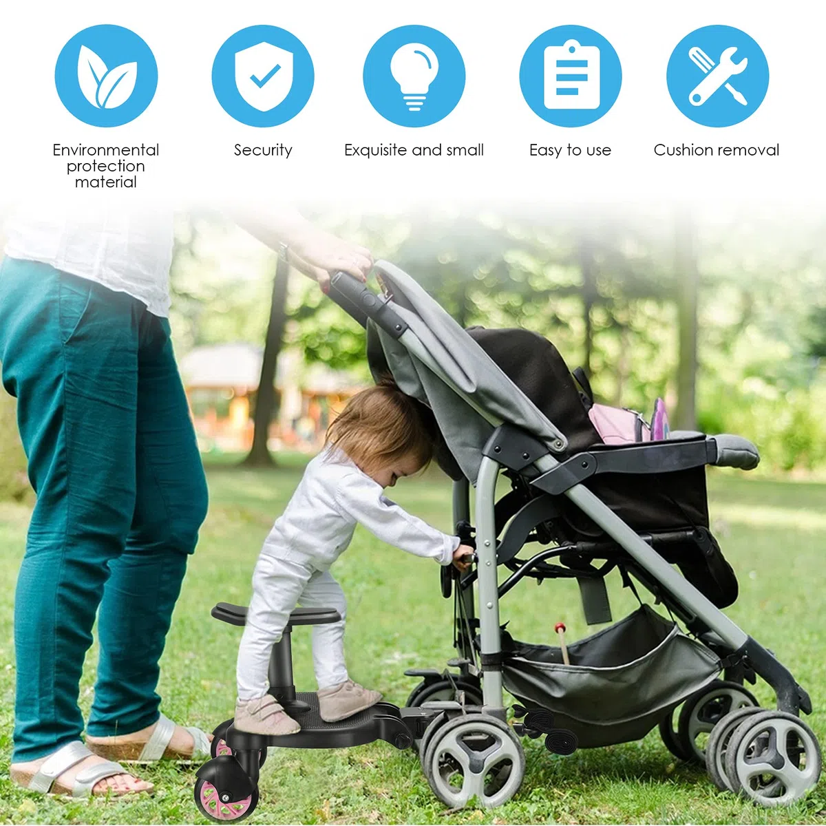 Pedana Passeggino Universale con Sedile, FNRIDS Tavolette Portatili per Passeggini, con cinghia di sospensione,Design Stabile a due Ruote, Accessori per Passeggini per Bambini da 2 a 6 anni (rosa)