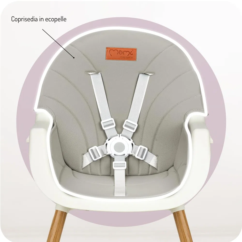 MoMi Seggiolone Pappa Evolutivo 3 in 1 - Sedia Evolutiva per Bambini da 6 a 36 Mesi - Cinture di sicurezza, Rivestimento in ecopelle, Poggiapiedi, Portabicchiere, Gioco con Ventosa - Grigio