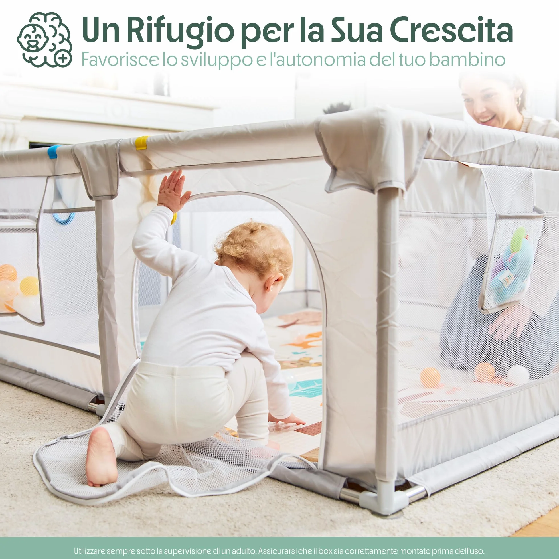 Box Bambini 150x150cm Recinto Gioco Imbottito con Tappetino Reversibile Peluche Sonaglio Sensoriale
