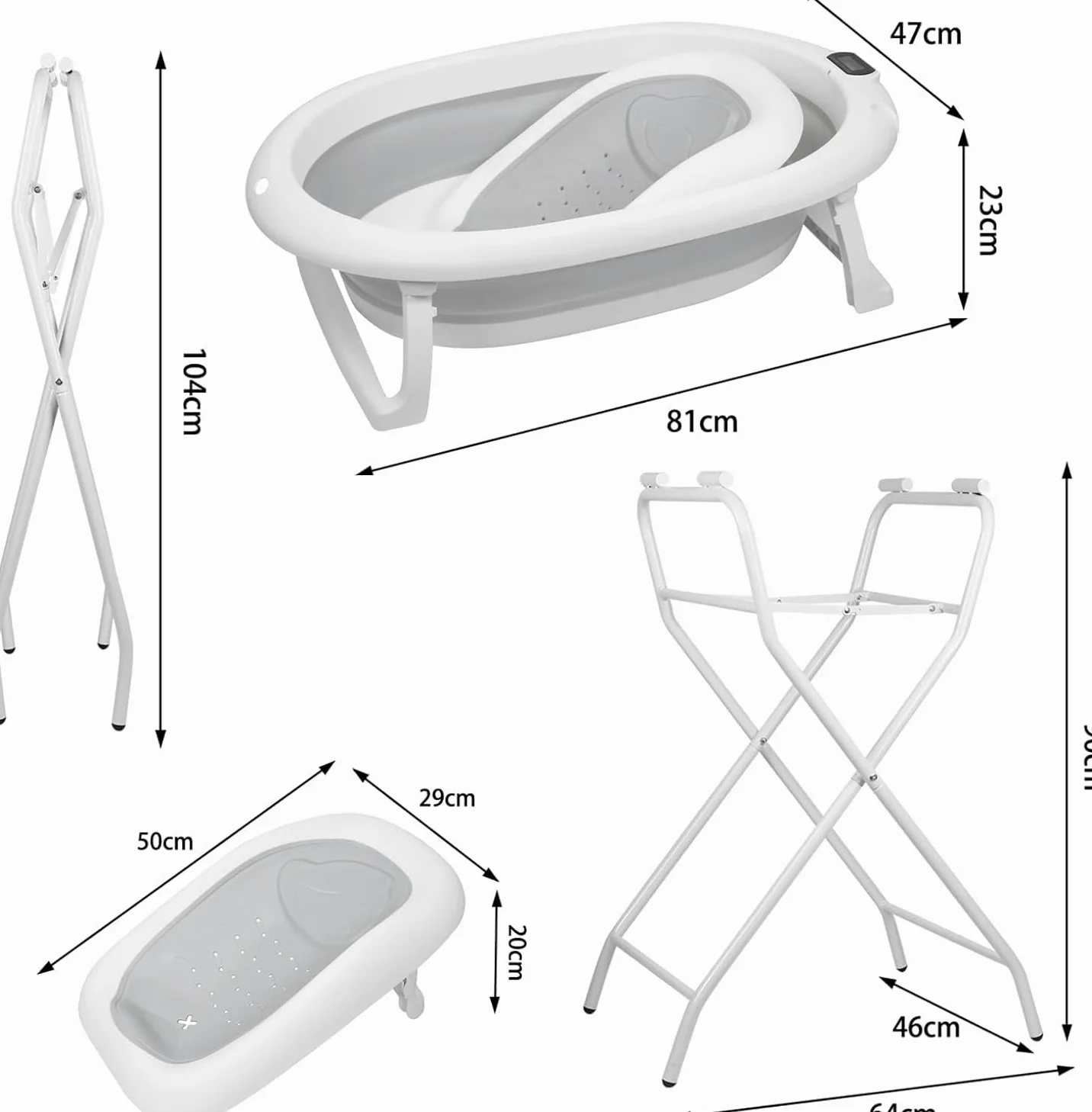 Vasca da bagno pieghevole con supporto in acciaio per neonati con termometro e tubo di scarico–Cuscino ergonomico neonato– guadagno di spazio piccolo bagno– 0-3 anni ((Style 1) 85 * 47 * 85cm-grey)