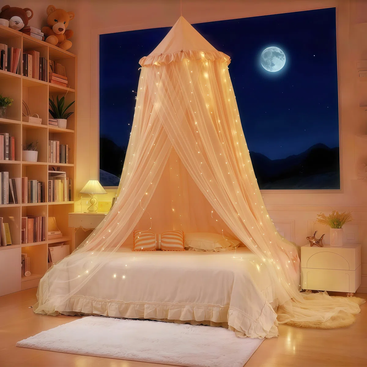 Baldacchino per letto da principessa per bambine, baldacchino a doppio strato con 250 luci per tende bianche calde, adatto per letto singolo/matrimoniale - Tenda per letto fatato per