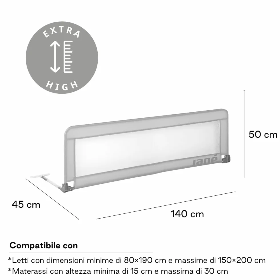 Jané Sponda Letto Ribaltabile 140 cm Extra Alta Traspirante Pieghevole con Borsa Trasporto Grigio