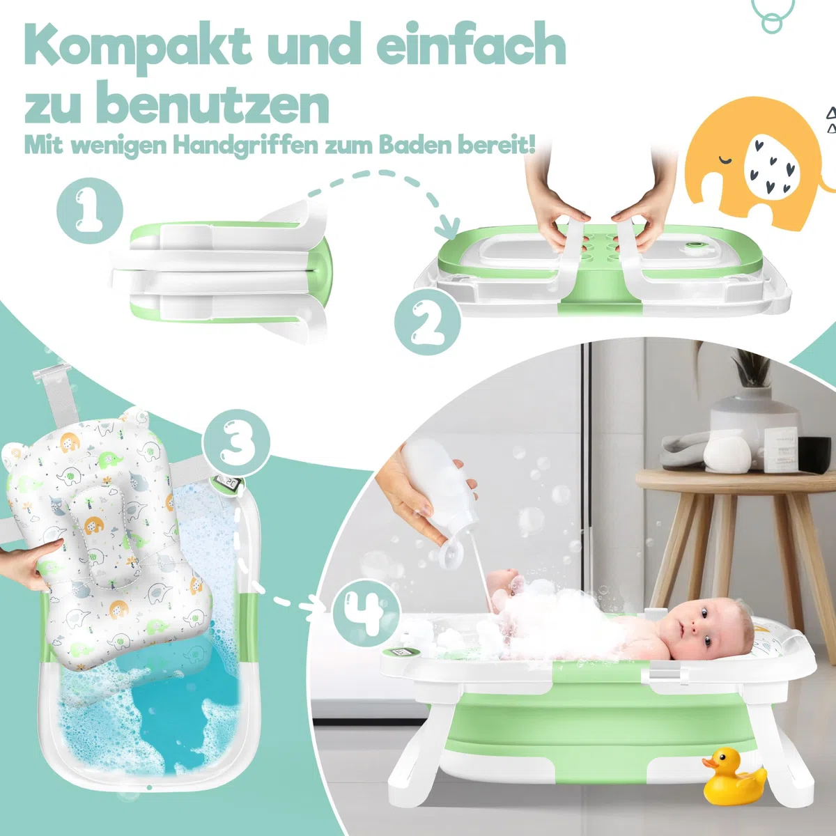 KIDIZ Vasca da bagno per bambini | Navicella salvaspazio e pieghevole | Piatto doccia per neonati da 0 a 24 mesi | Doccia da viaggio portatile per bambini | Bathtub ergonomico con termostato e cuscino