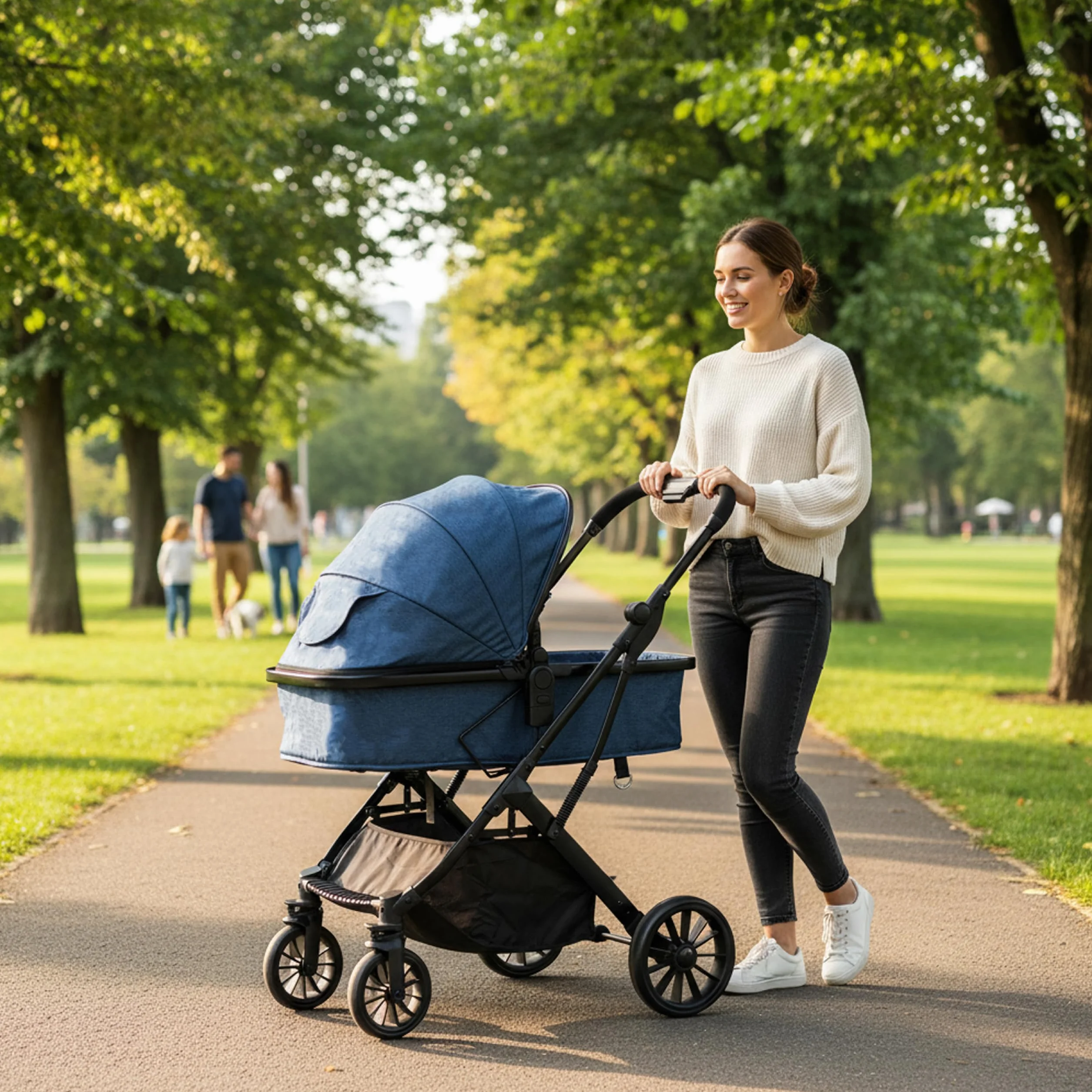 Passeggino Trio 3 in 1 con Navicella, Ovetto e Borsa Mamma, Reversibile, Schienale Reclinabile, Chiusura Compatta, 6-36 Mesi (Blu)