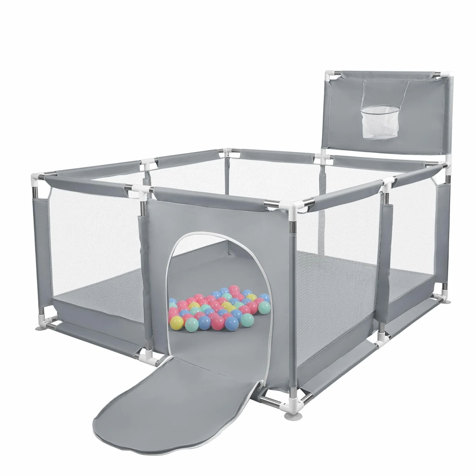Box per Bambini, Recinto per Bambini Pieghevole in Tessuto Oxford con Rete Traspirante, Box per Neonati con Giochi che Include 50 Palline (126 x 126 x 66 cm, grigio scuro)