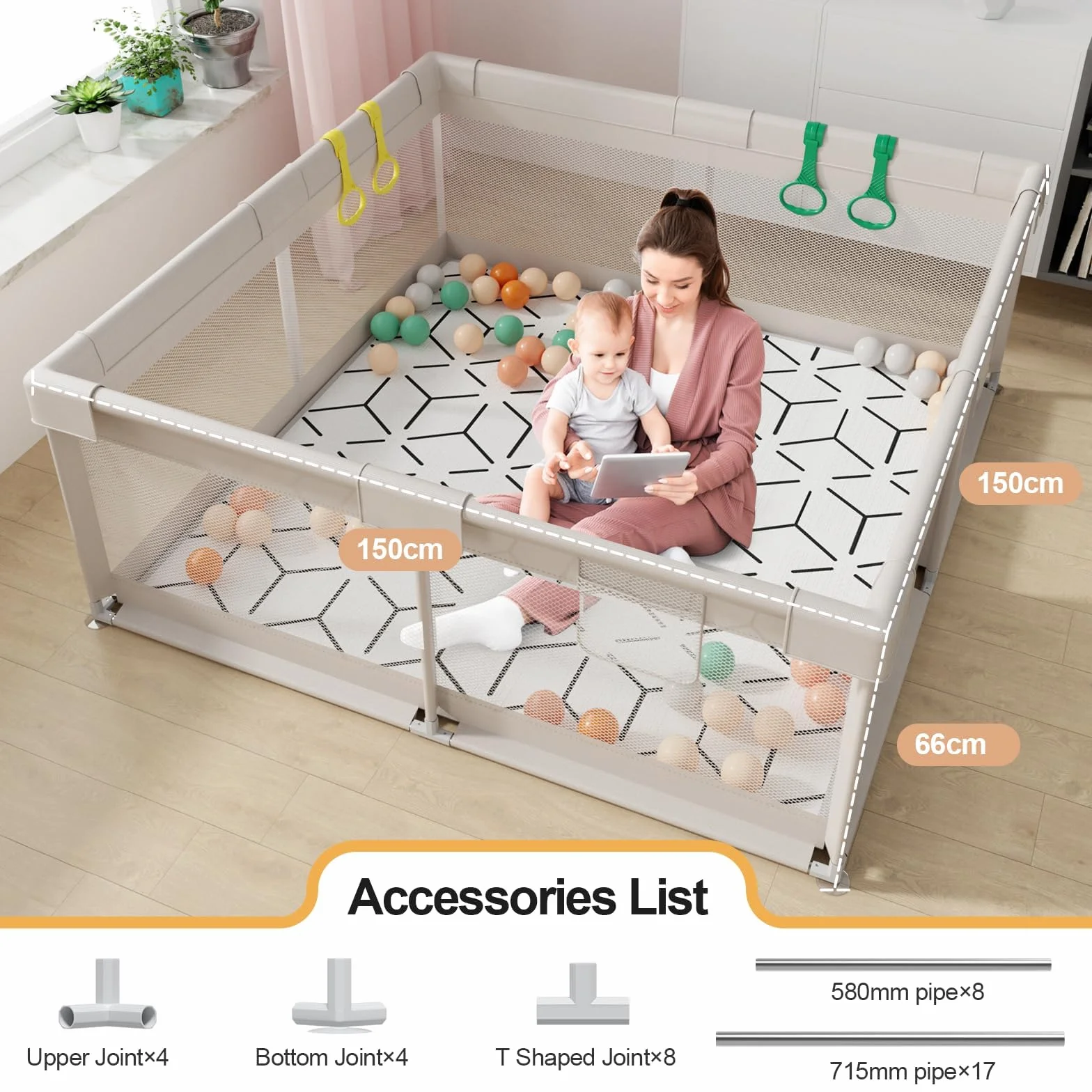 Box per Bambini Modulare Pieghevole 150x150cm con Materassino 150x150x65cm