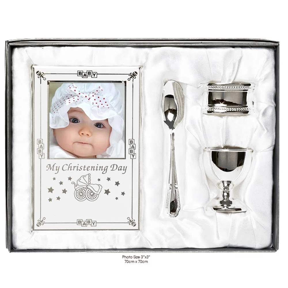 Bellissimo set regalo per battesimo placcato in argento, 4 pezzi, include portauovo, cucchiaio, cornice per foto del bambino, portatovaglioli in confezione regalo