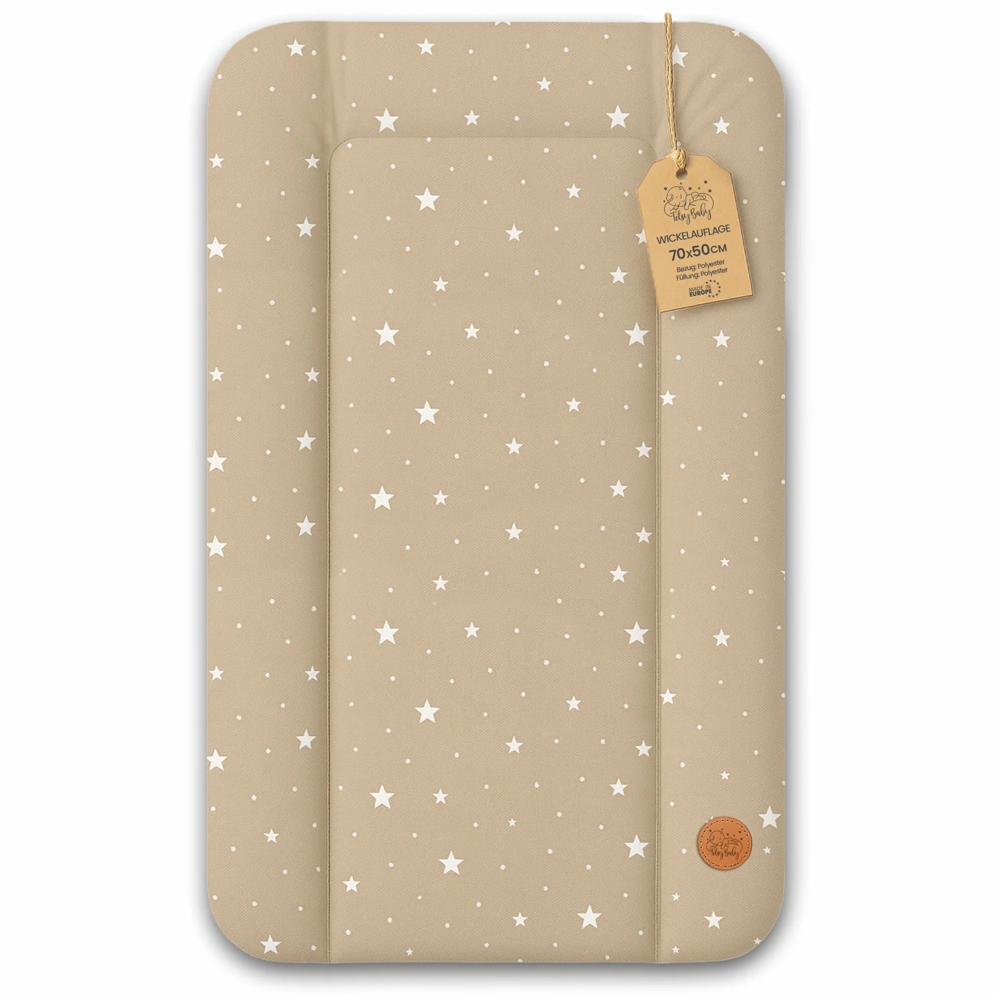 Materassino Fasciatoio Neonato 70x50 cm Impermeabile Lavabile Oeko-Tex Beige Stelle Bianche