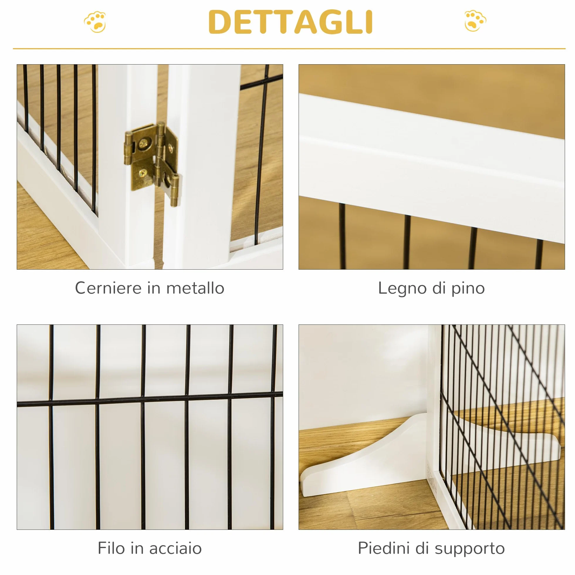PawHut Cancelletto per Cani di Piccola/Media Taglia a 6 Pannelli Pieghevoli, Cancelletto di Sicurezza in Legno e Acciaio, 432x36x70 cm, Bianco