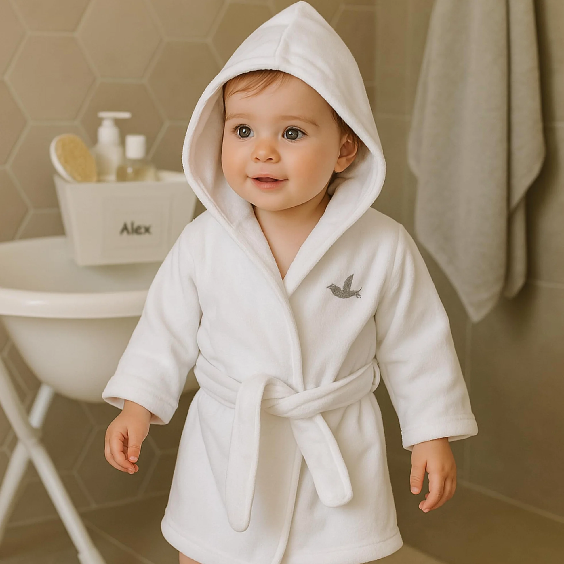 BebeDeParis Set Regalo Nascita personalizzato per neonato: Accappatoio, Body, Néceser, custodia Muselina e orso di peluche 6/12 mesi