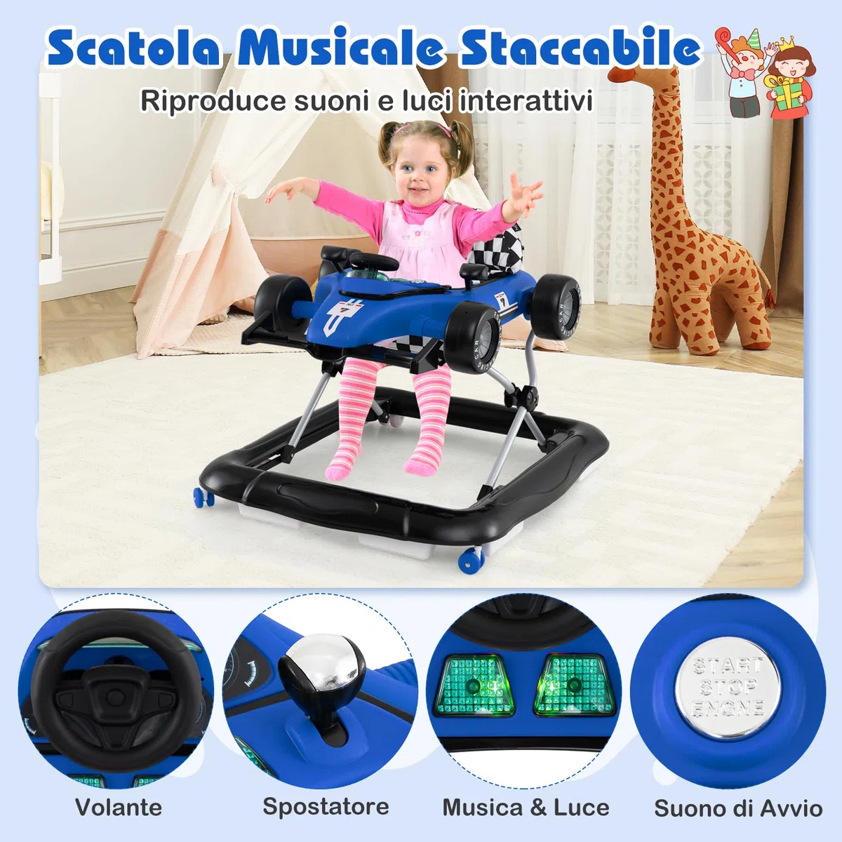 COSTWAY 4 in 1 Girello per Bambini, Altezza Regolabile a 3 Livelli, Passeggino per Bambini, con Volante Imbottito e Scatola Musicale, Portata 12 kg, per Bambini 6-18 Mesi (Blu)