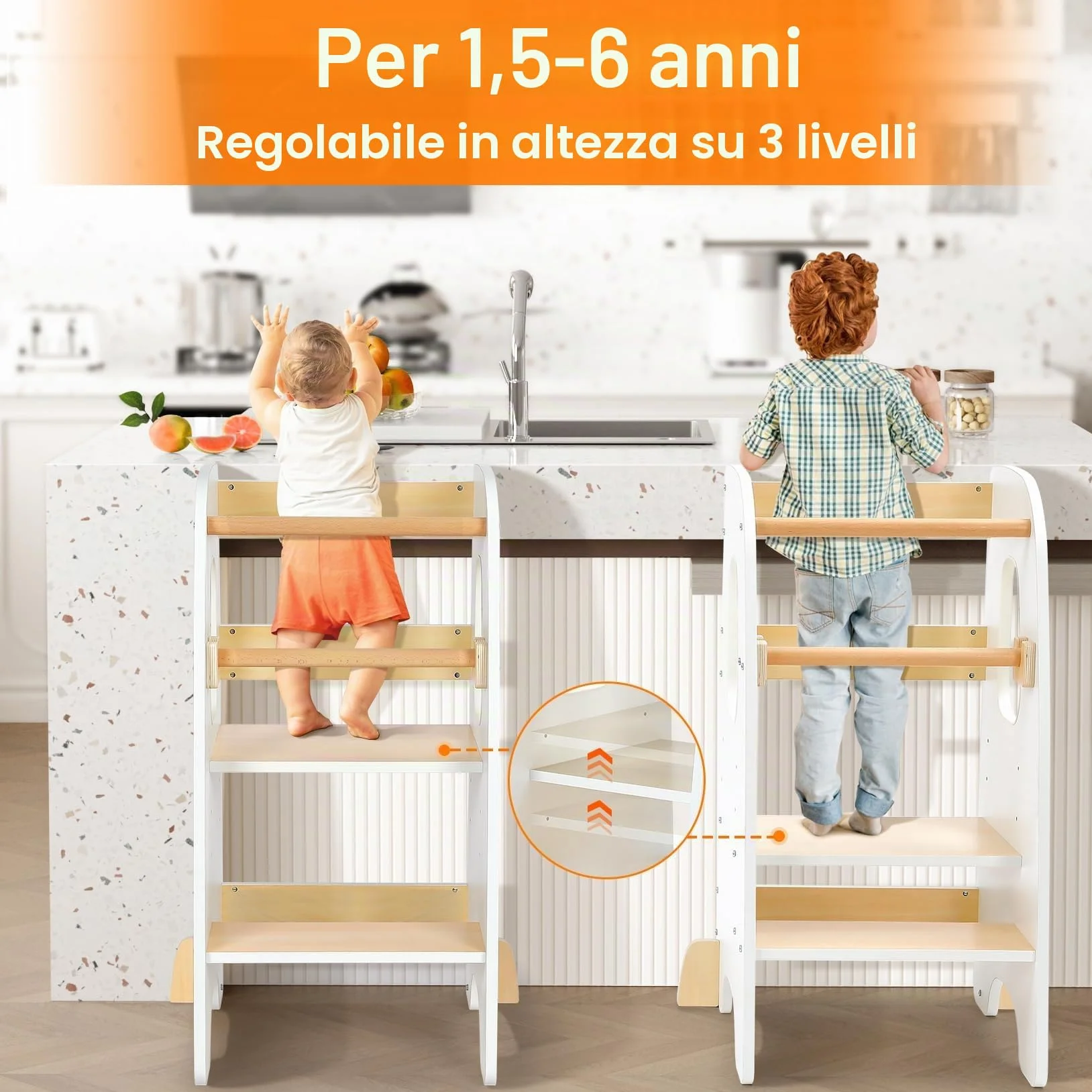 Torre Montessoriana Learning Tower Sicura Altezze Regolabili Doppia Barra Protezione Antiscivolo Anti-Ribaltamento Bianco