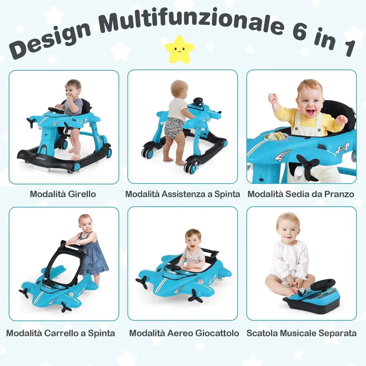 COSTWAY 6 in 1 Girello per Bambini, Girello Pieghevole con Altezza e Velocità Regolabili a 3 Livelli, Vassoio, Musica, Ruote, Luci, Giocattoli Evolutivi per Bambini 6-18 Mesi (Blu)