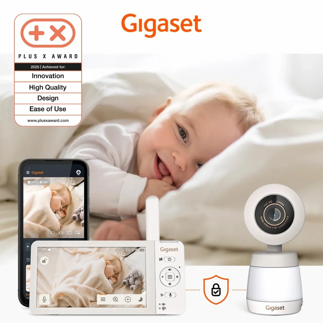 Gigaset BABY 700 Connected – Videocamera per bambini con touchscreen Full HD da 5,5" – Trasmissione sicura FHSS e WLAN–lunga durata della batteria-con app, Cream White/Warm [Versione Italiana]