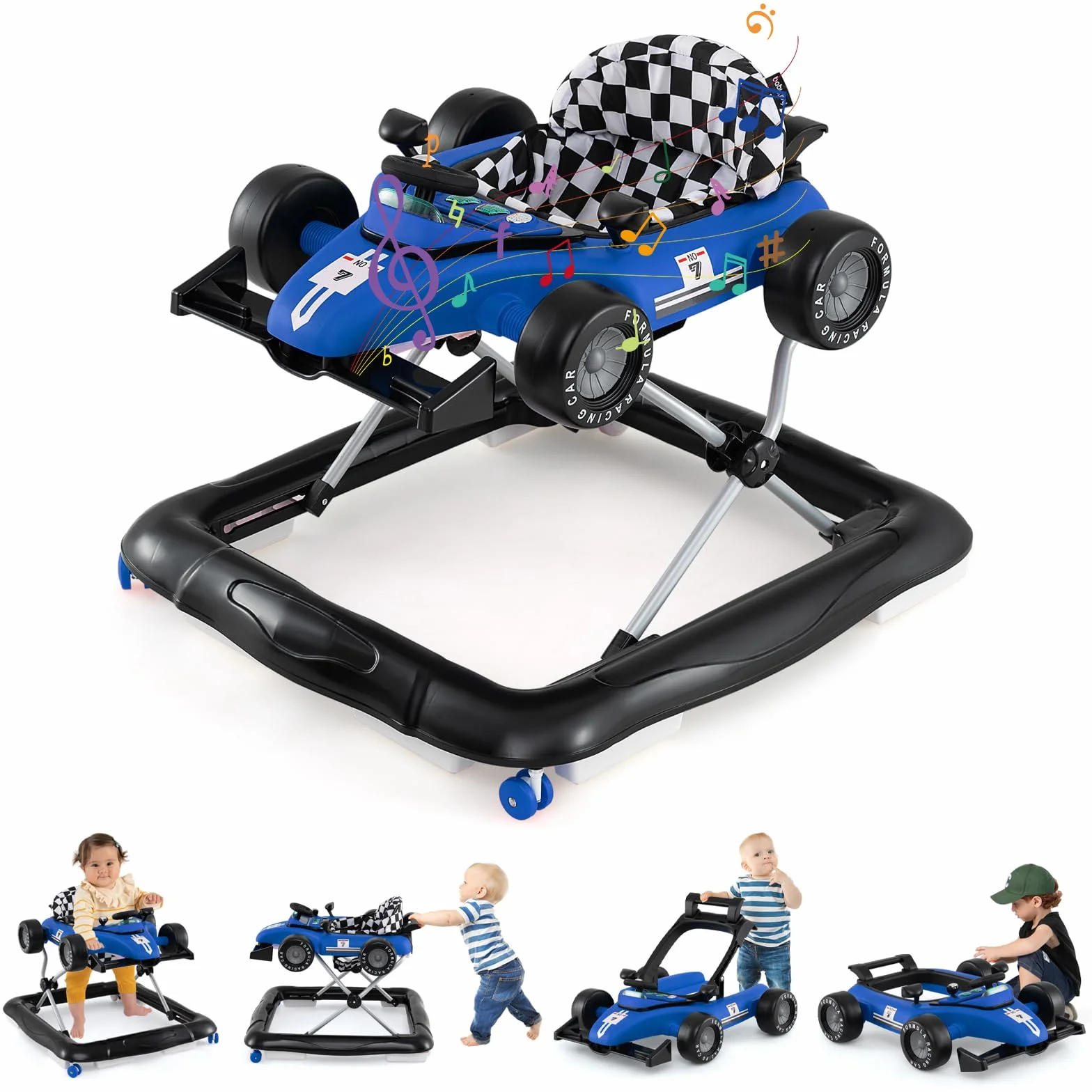 COSTWAY 4 in 1 Girello per Bambini, Altezza Regolabile a 3 Livelli, Passeggino per Bambini, con Volante Imbottito e Scatola Musicale, Portata 12 kg, per Bambini 6-18 Mesi (Blu)