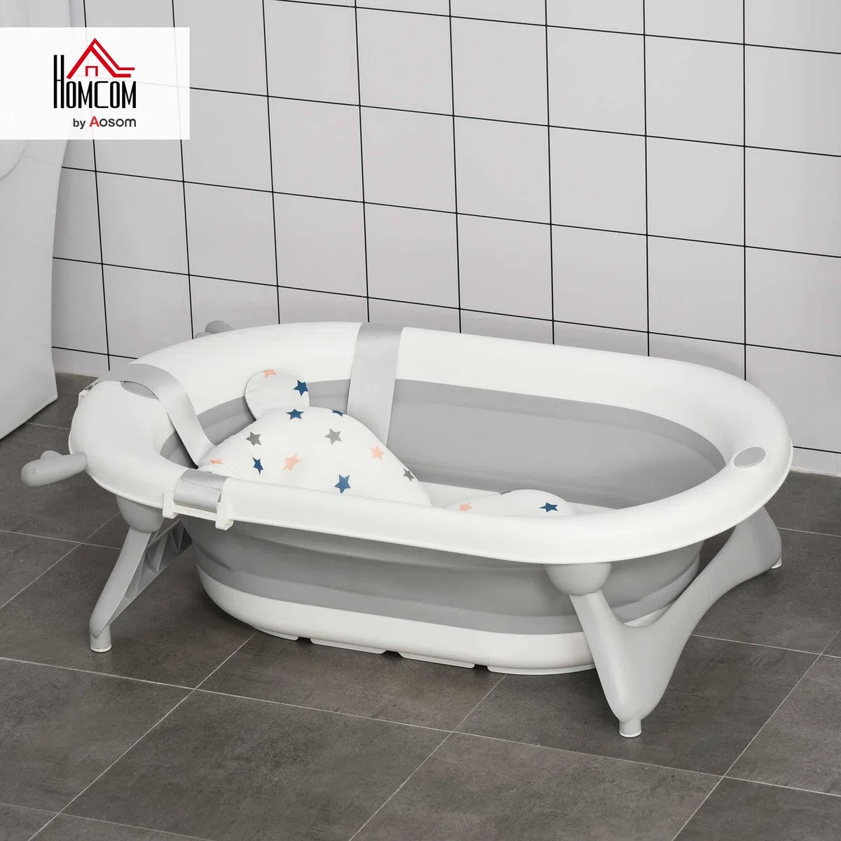 HOMCOM Vaschetta Bagnetto Pieghevole per Bambini 0-3 Anni con Indicatore di Temperatura e Cuscino, 81.5x50.5x23.5cm, Bianco