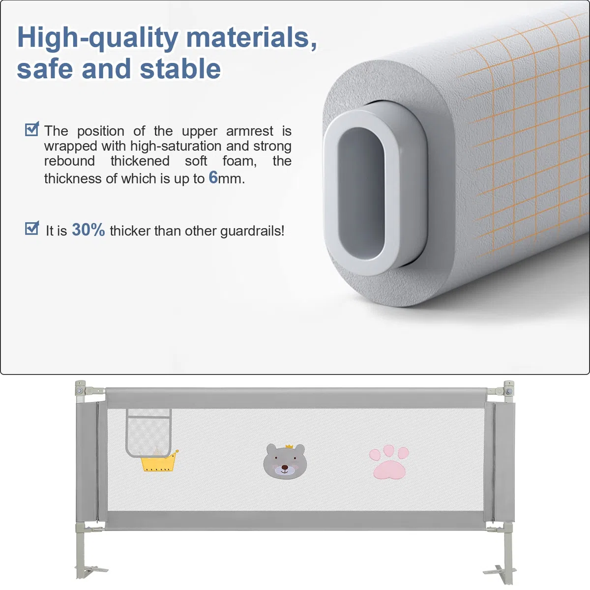 Barriera per letto 180 cm, Barriera pieghevole per letto per bambini, Protezione per letto per bambini per prevenire le cadute, Barriera per bambini piccoli, Facile da montare, Grigio ricamato