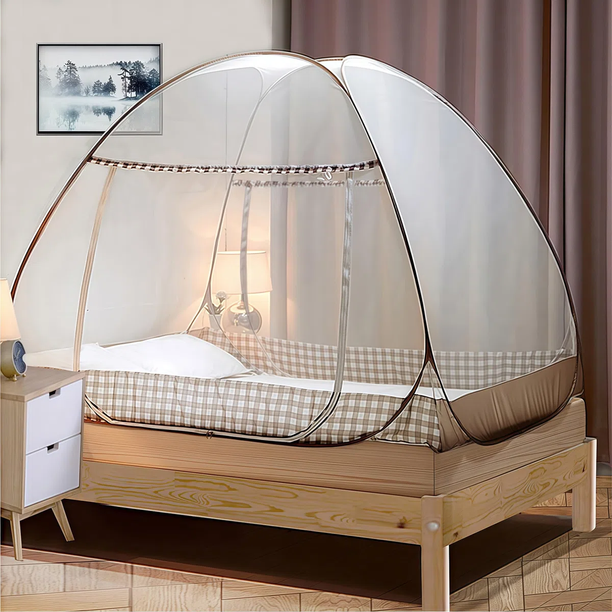 Digead Pop-up Zanzariera a Cupola per Letto Matrimoniale, 120x200 cm con Doppia Porta, Leggera e Traspirante in Poliestere Misto, Pieghevole e Portatile per Casa Viaggio Campeggio - Bordo Marrone