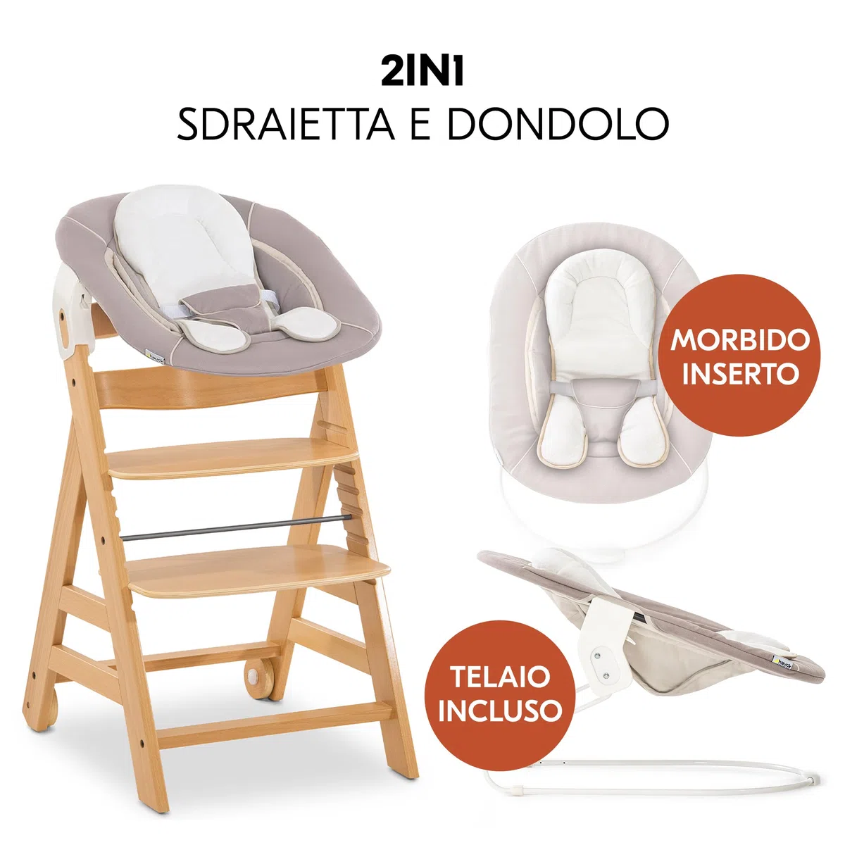 hauck Sediolone Pappa Alpha Move Newborn Set - Seggiolone Pappa Legno Evolutivo Da 0 Mesi con Sdraietta Dondolo Neonati, Cuscino e Vassoio - Legno, Beige