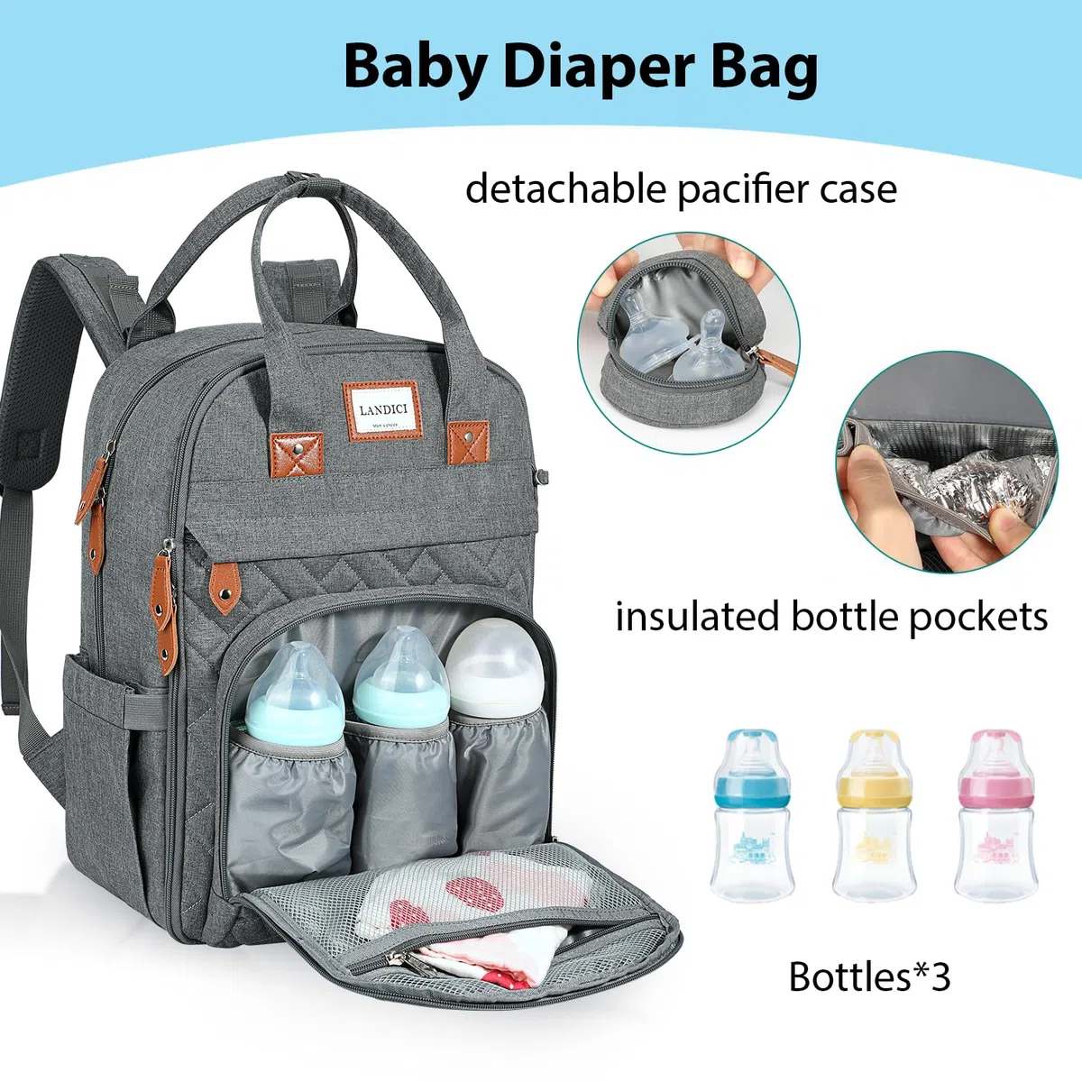 LANDICI Zaino per il cambio del bambino, grande zaino fasciatoio con fasciatoio, cinghie per passeggino e custodia per ciuccio, borsa multifunzione per cambio bambole, per mamma, papà, ragazzo e