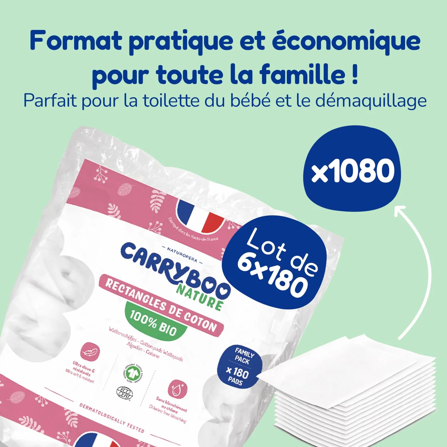 CARRYBOO - Piazza cotone bambino - 100% biologico - Pelle normale e sensibile - Set di 6 - Ultra morbido e resistente - Ipoallergenico - Sbiancato senza cloro - Per tutta la famiglia - Confezione di