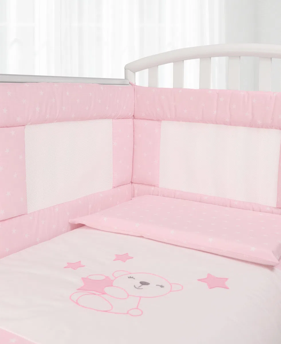 Babysanity- Set Paracolpi Lettino Alta Traspirabilità Piumino Copripiumino Sfoderabile Federa 100% Cotone Made in Italy (Piccole Stelle Rosa)