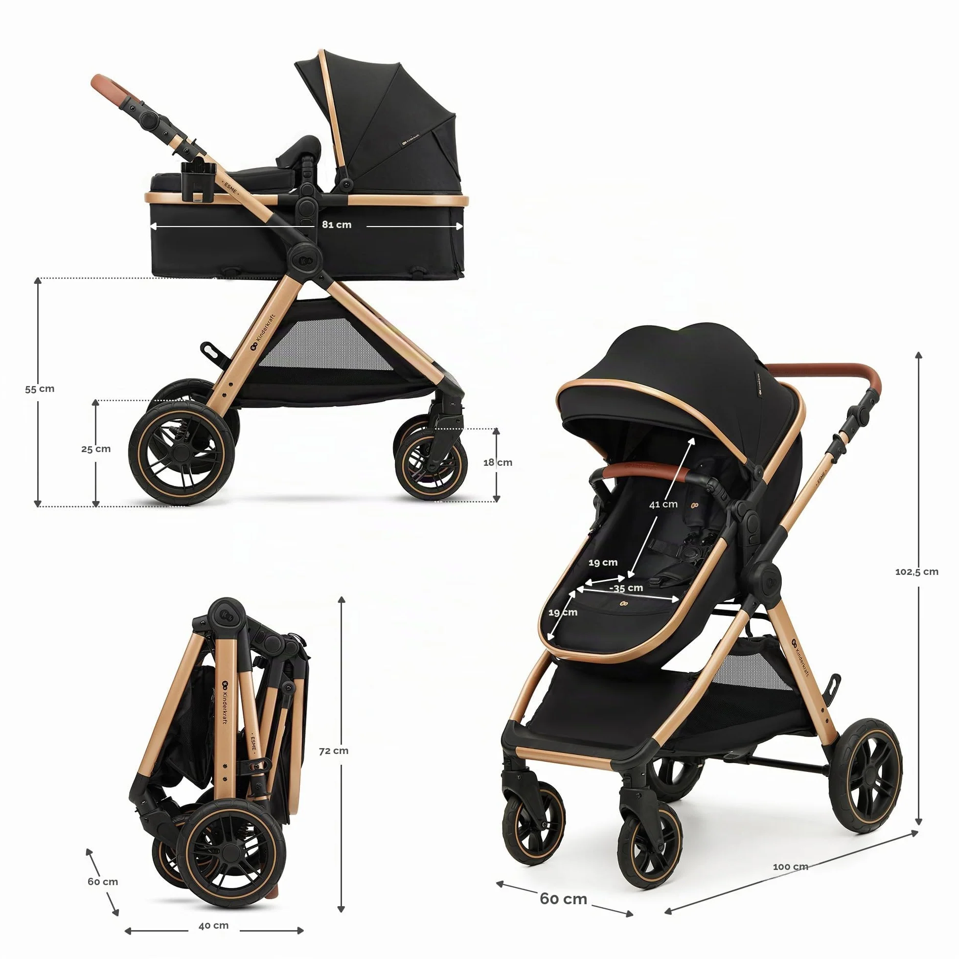 Kinderkraft ESME Trio 3 w 1 Passeggino Neonati 26 kg Ovetto I-SIZE 40-75 cm Carrozzina Reversibile Pieghevole Nero