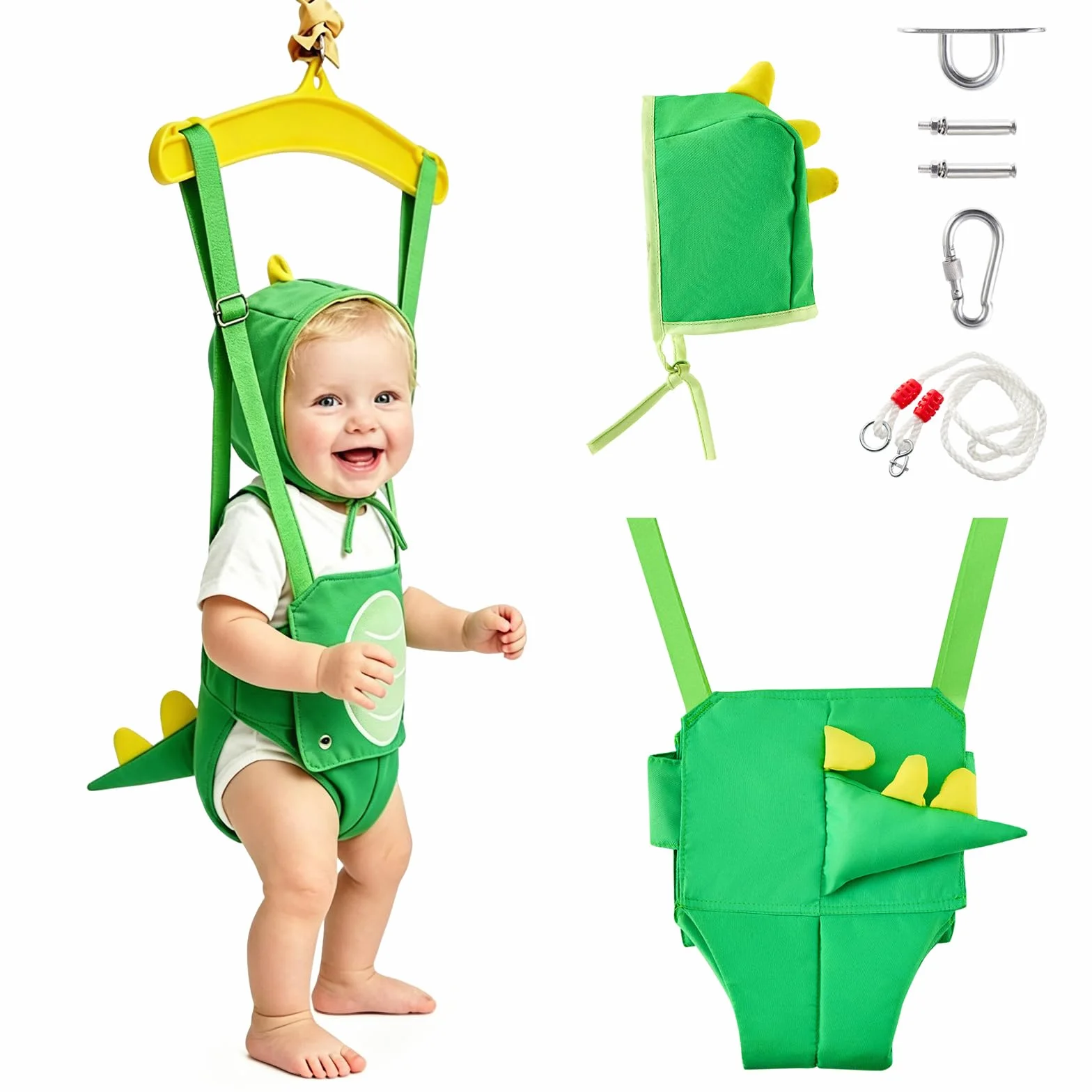 FUNLIO Baby Jumper con gancio da soffitto per 6–24 mesi, jumper da porta per interni ed esterni, con catena regolabile, facile da montare e riporre (con gancio da soffitto) – Dinosauro Verde