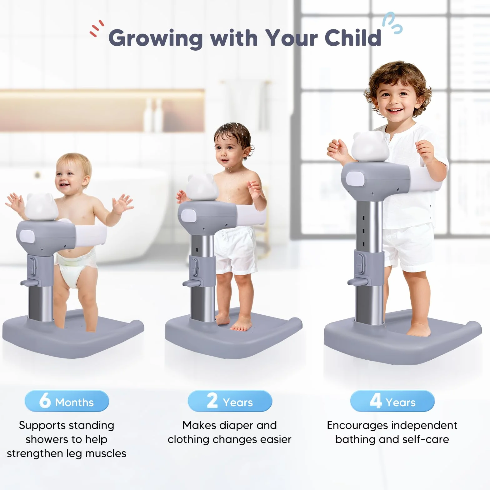 Vasca da bagno per bambini con supporto doccia, anti-schiacciamento, antiscivolo, torre doccia regolabile per bambini in piedi, supporto doccia ideale per neonati