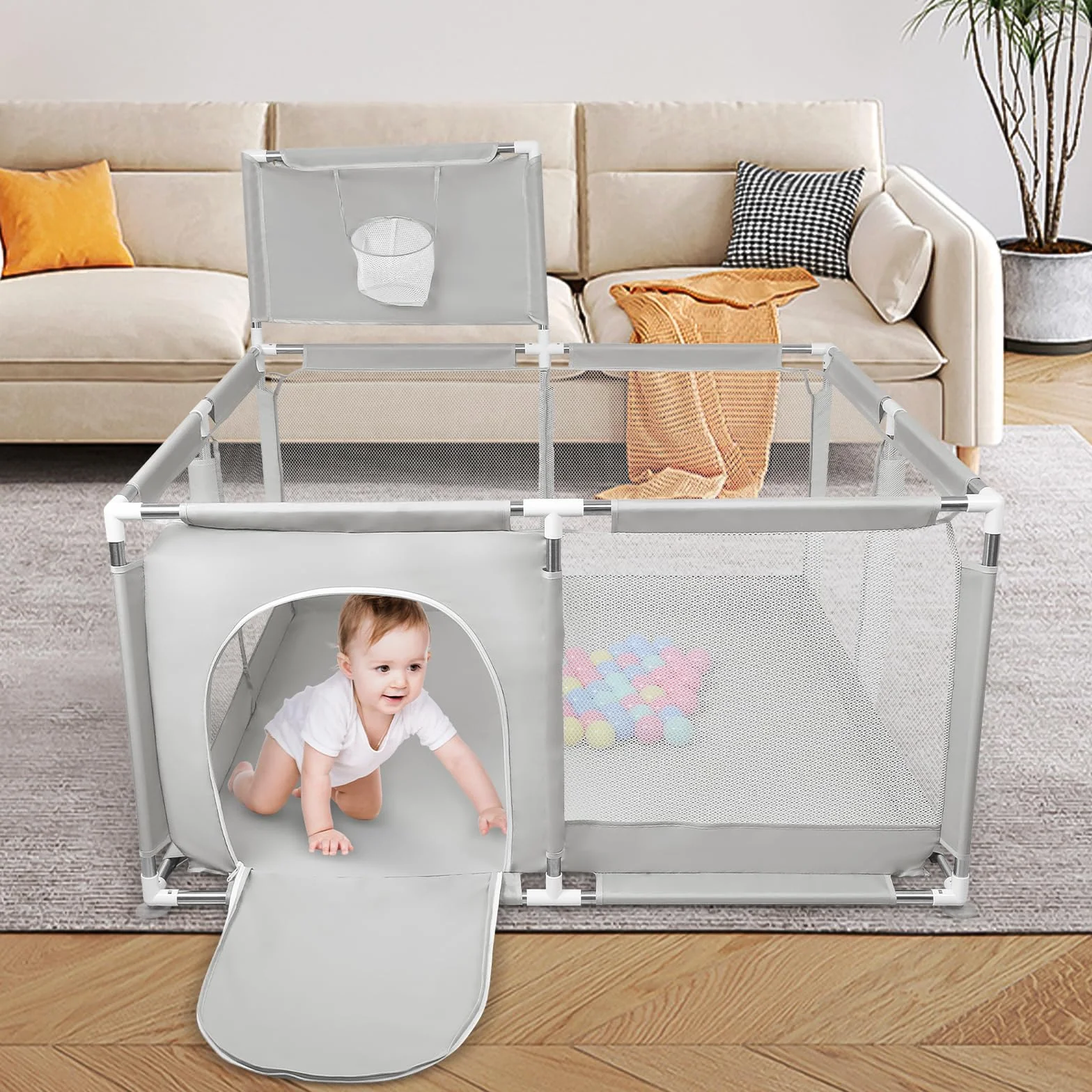 Box con porta a cerniera per bambini con ventose 126 x 126 x 66 cm grigio chiaro 50 palline
