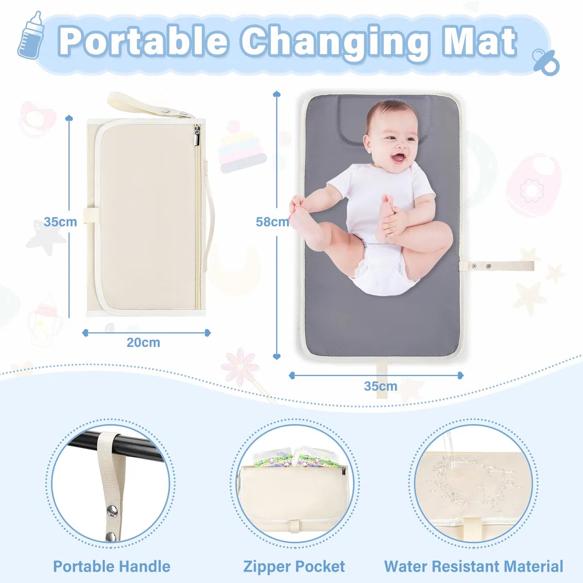 RAINSMORE Zaino Mamma Multifunzione con Fasciatoio Portatile e Grande Borsa Neonato Ganci per Passeggino per Mamma e Papà Bianco