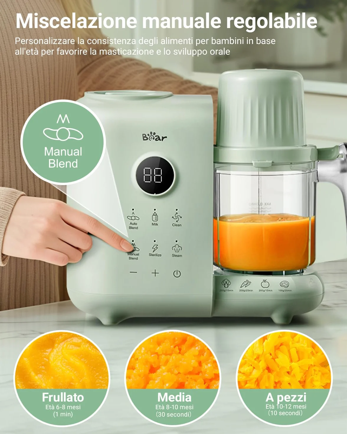Bear Cuocipappa Mixer Multifunzione 7-in-1 per Bébé - Vapore, Mixer, Pulse, Pulizia Automatica, Sterilizzato, Riscalda, Scongela - Robot Cucina Multifunzione