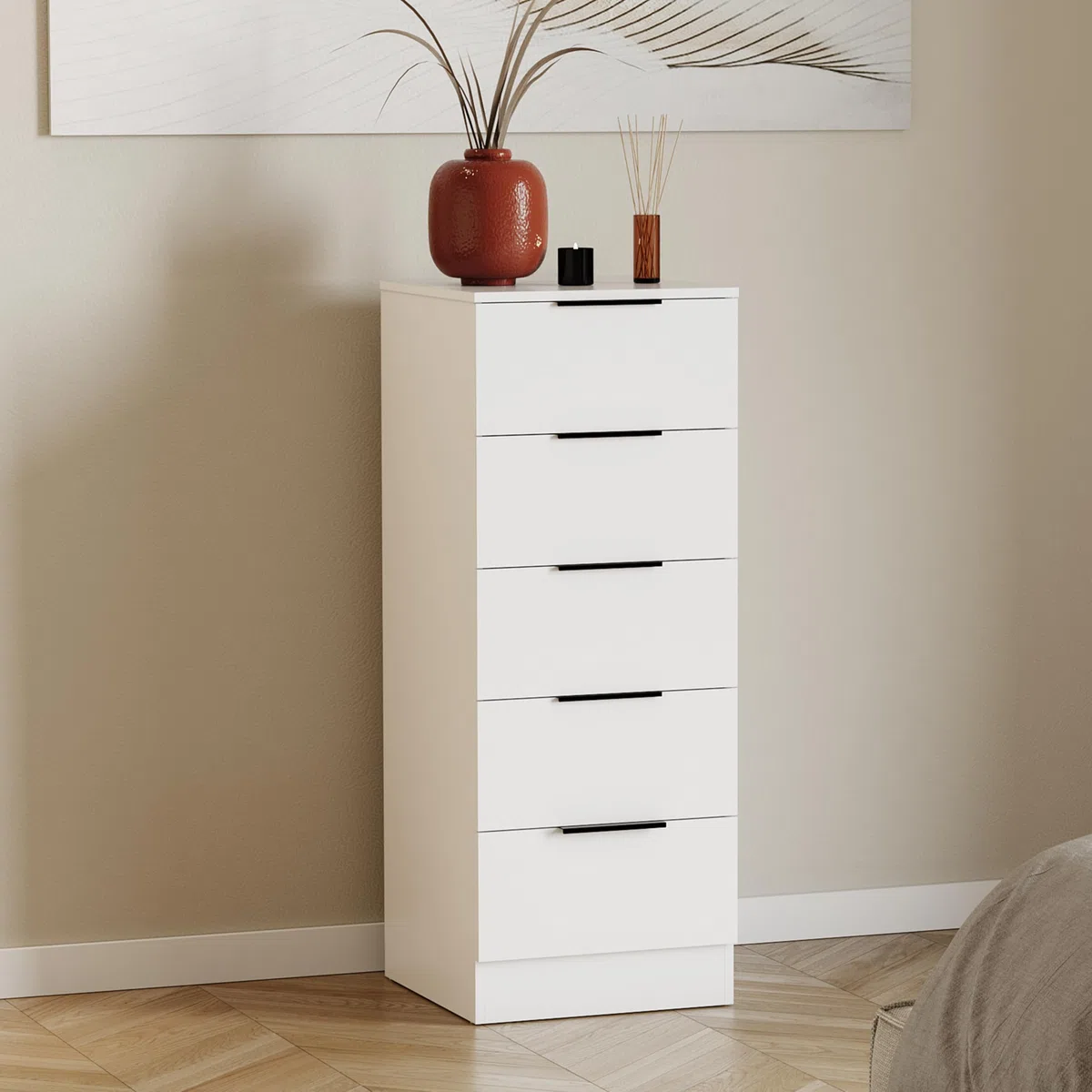 Vida Designs Trega - Cassettiera stretta con 5 cassetti, colore bianco, sottile, salvaspazio, per camera da letto, 90 x 34,5 x 36 cm (altezza x larghezza x profondità), supporto anti-piegamento