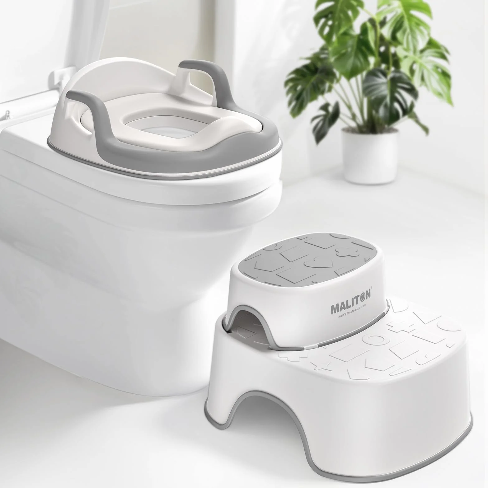 Maliton Riduttore WC Bambini, Design anatomico, Imbottitura morbida rimovibile, Sedile per Vasino con Sgabello (Un Vasino+Due Sgabelli per Bambini), Grigio