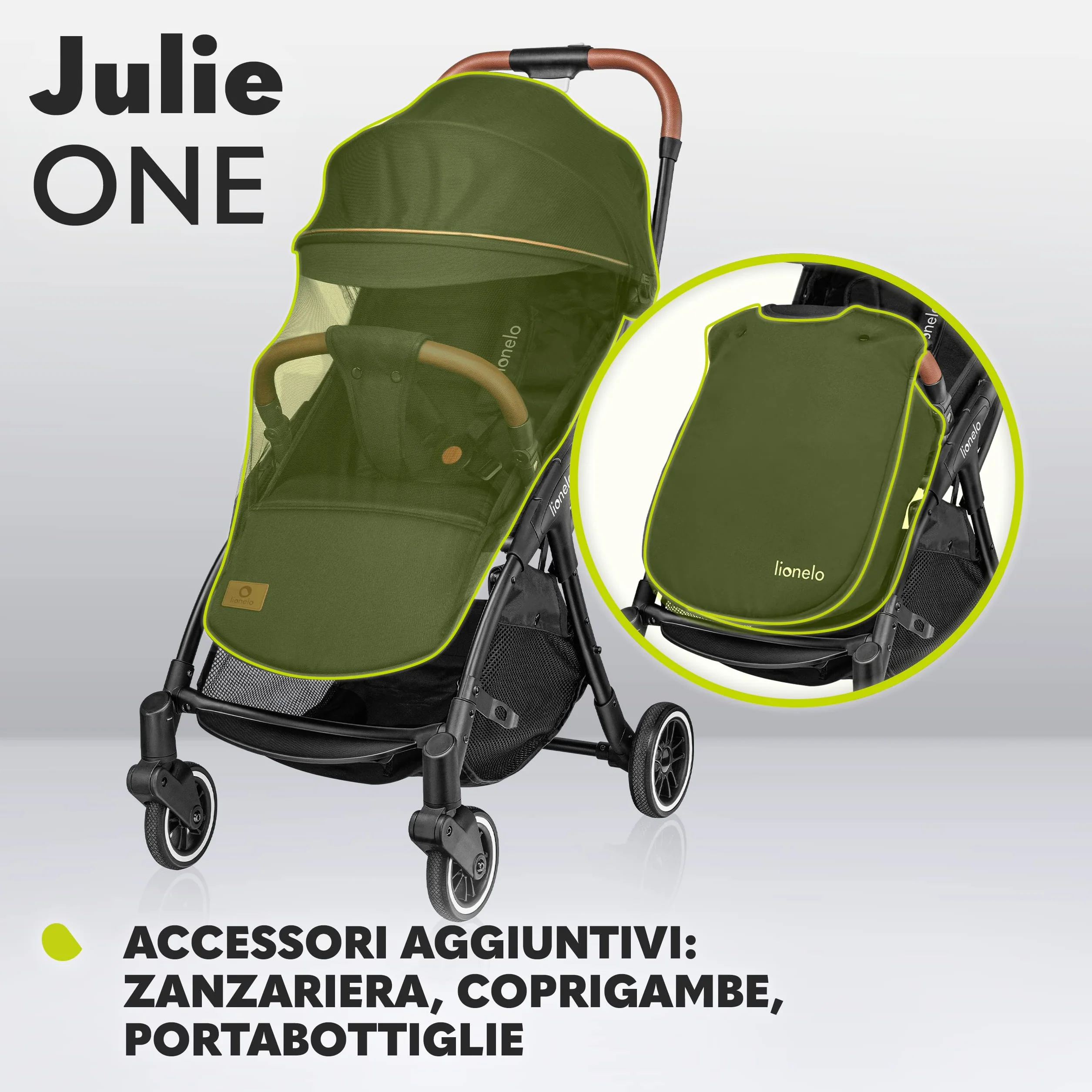 LIONELO Julie One Passeggino leggero pieghevole 0-22 kg Compatto zanzariera coprigambe portabibite borsa Poggiapiedi regolabili schienale sdraiata Nero