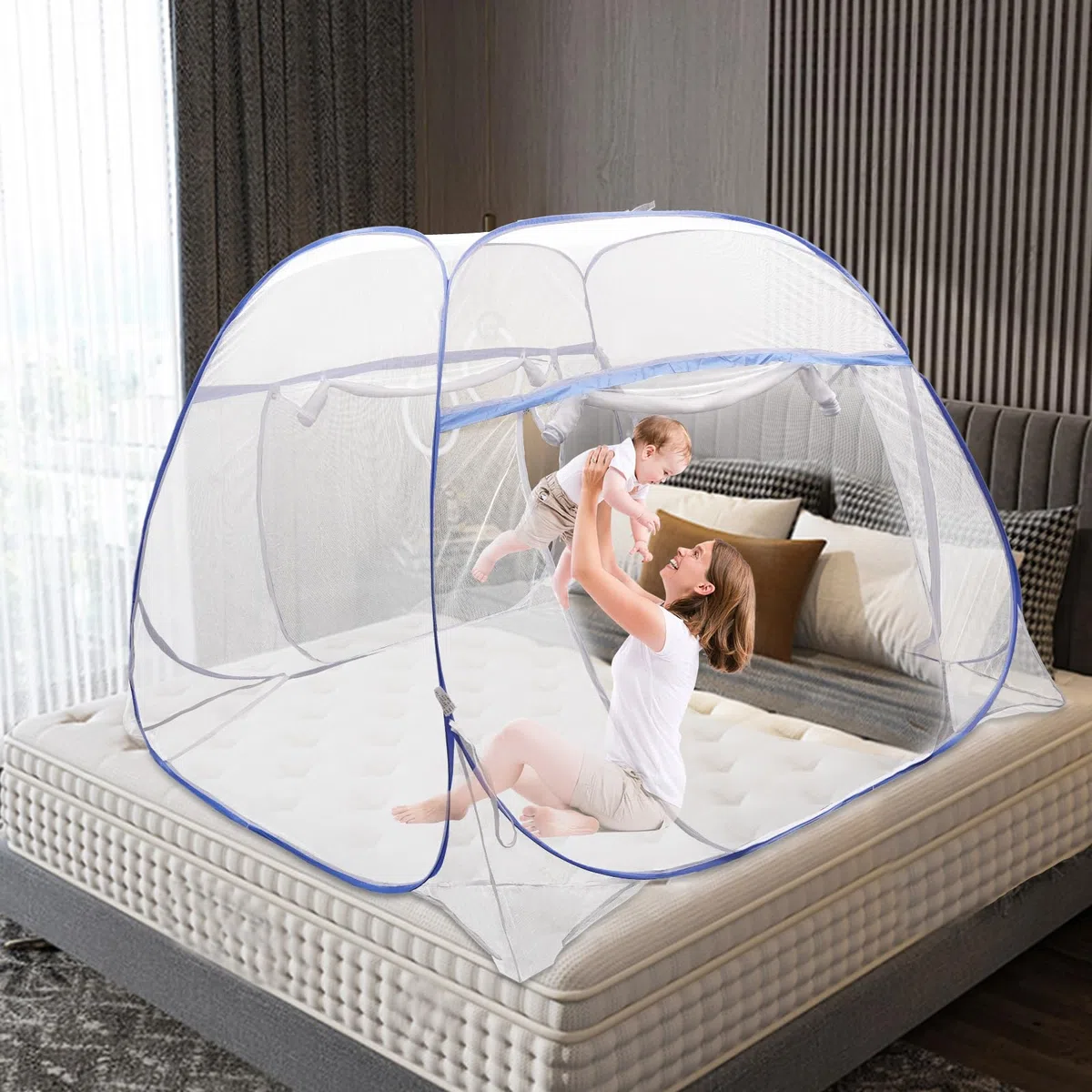 Zanzariera per letto pop-up a doppia porta, portatile, con bordo a doppia porta, tenda da campeggio, 198 x 180 x 160 cm, blu, per attività all'aperto, campeggio, viaggi, camera da letto