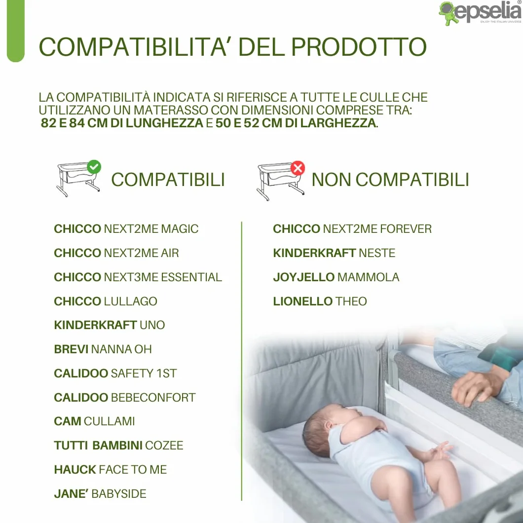 EPSELIA Materasso Culla Next To Me BAMBU’ BIO Traspirante a Norma Antisoffoco EN16890:2017, cm 83x50 H8 Chicco Uno Lullago Jane Baby Cam Cullami Brevi Close to Me Nanna Oh