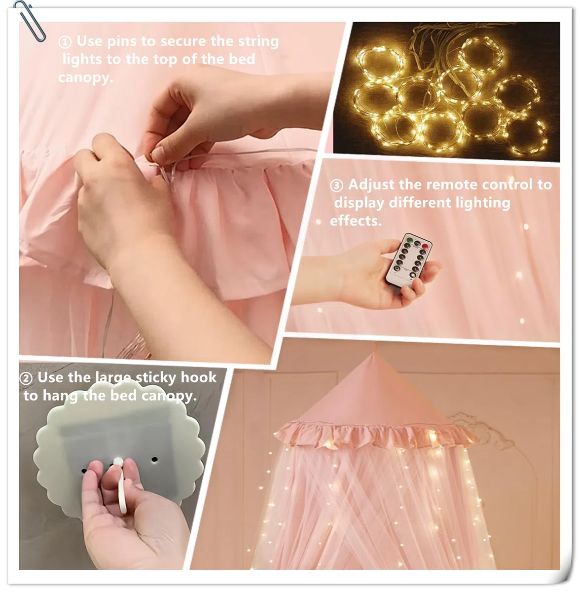Baldacchino per letto da principessa per bambine, baldacchino a doppio strato con 250 luci per tende bianche calde, adatto per letto singolo/matrimoniale - Tenda per letto fatato per