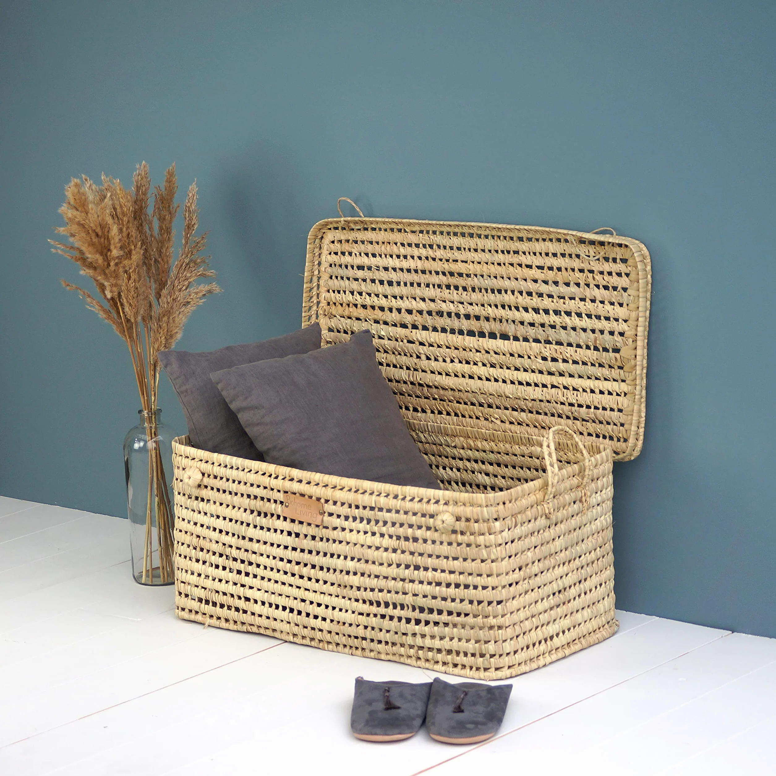 Baule Contenitore in Vimini Intrecciato, Cesto Portaoggetti, Portabiancheria, Decorazione Boho Chic (80cm)
