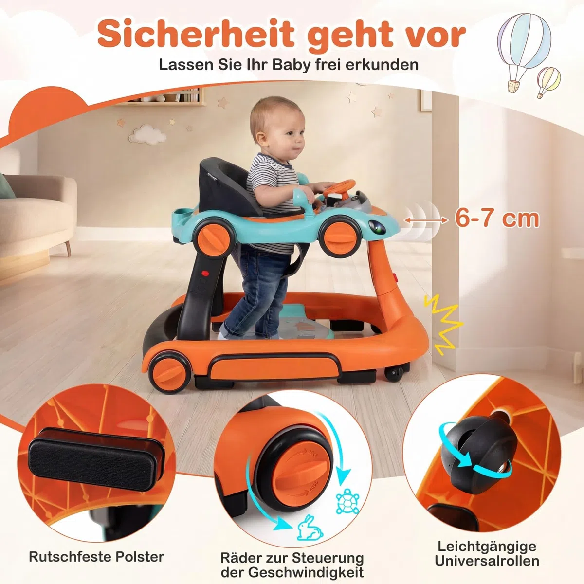 GIANTEX Girello per Bambini 7-18 Mesi 7 in 1, Baby Walker con Tettuccio, Vassoio di Giochi, Carillon, Luci, Primi Passi Piegevole, Altezza e Velocità Regolabili, Carrello da Spinta (Arancione + Verde)