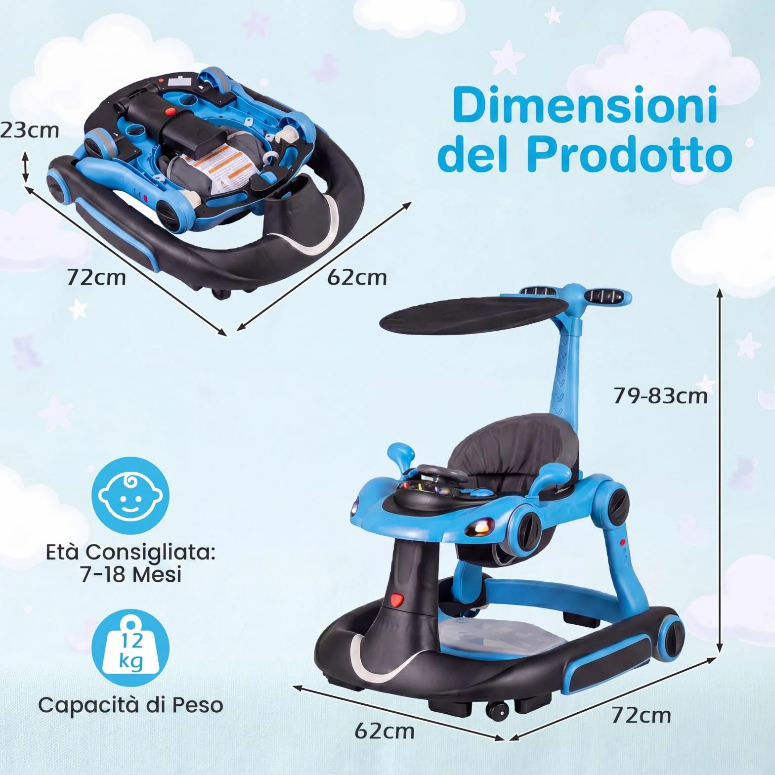 COSTWAY Girello per Bambini 6-in-1 Evolutivo, Centro Attività Pieghevole con Maniglia, Regolazione Altezza/Velocità, con Musica, Luci Tenda, per Neonati 6-18 Mesi (Nero+Blu)
