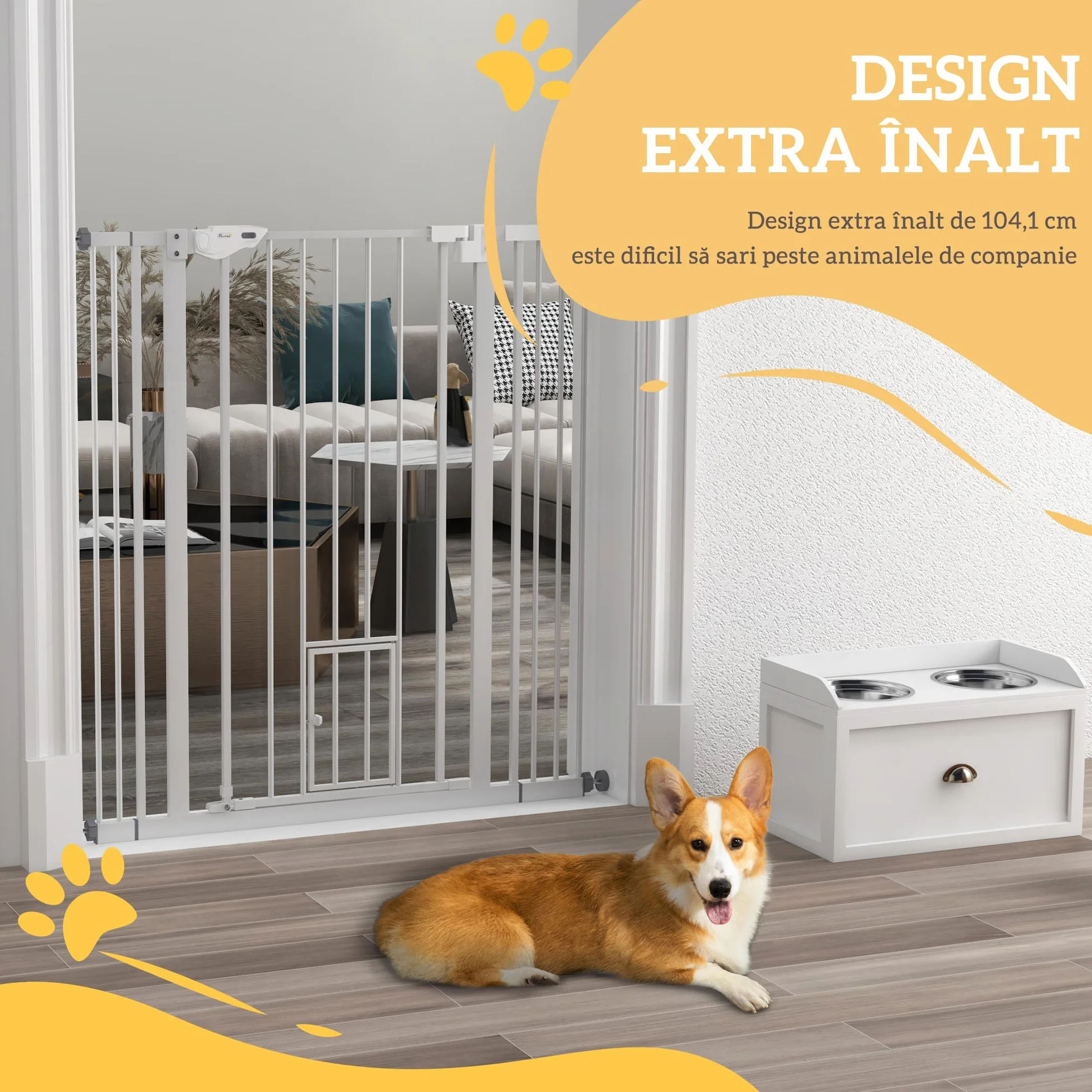 PawHut Cancellino per Cani Regolabile con Porta Piccola, Barriera con Chiusura Automatica, 74-101x104.1 cm, Bianco