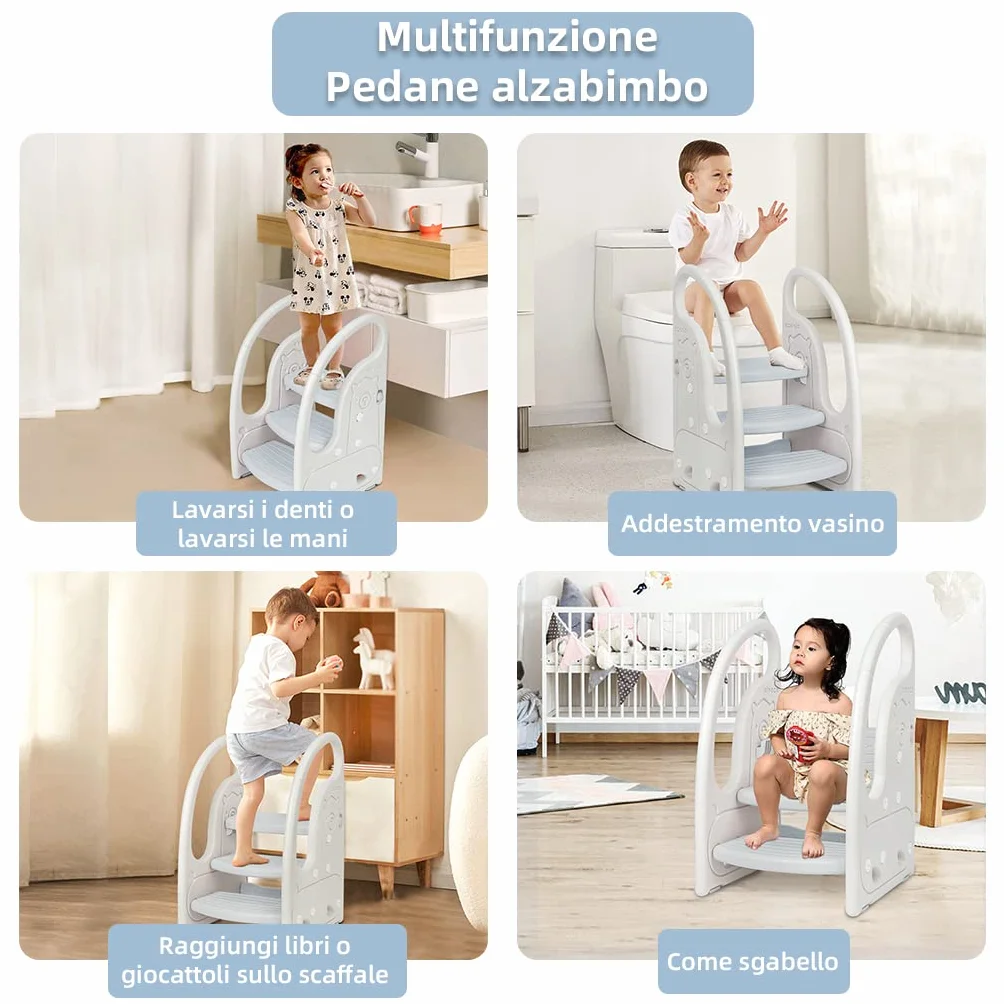 Scaletta gradini per bambini Sgabello a tre gradini Regolabile in Altezza Antiscivolo Grigio